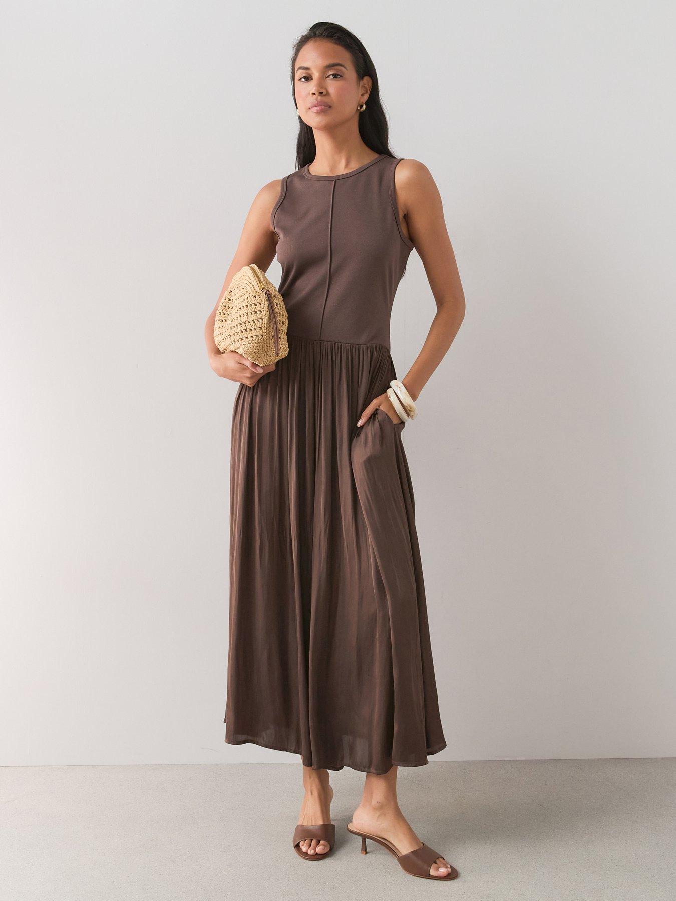 The Very Collection Jersey Knit Woven Mix Midi Dress - Brown