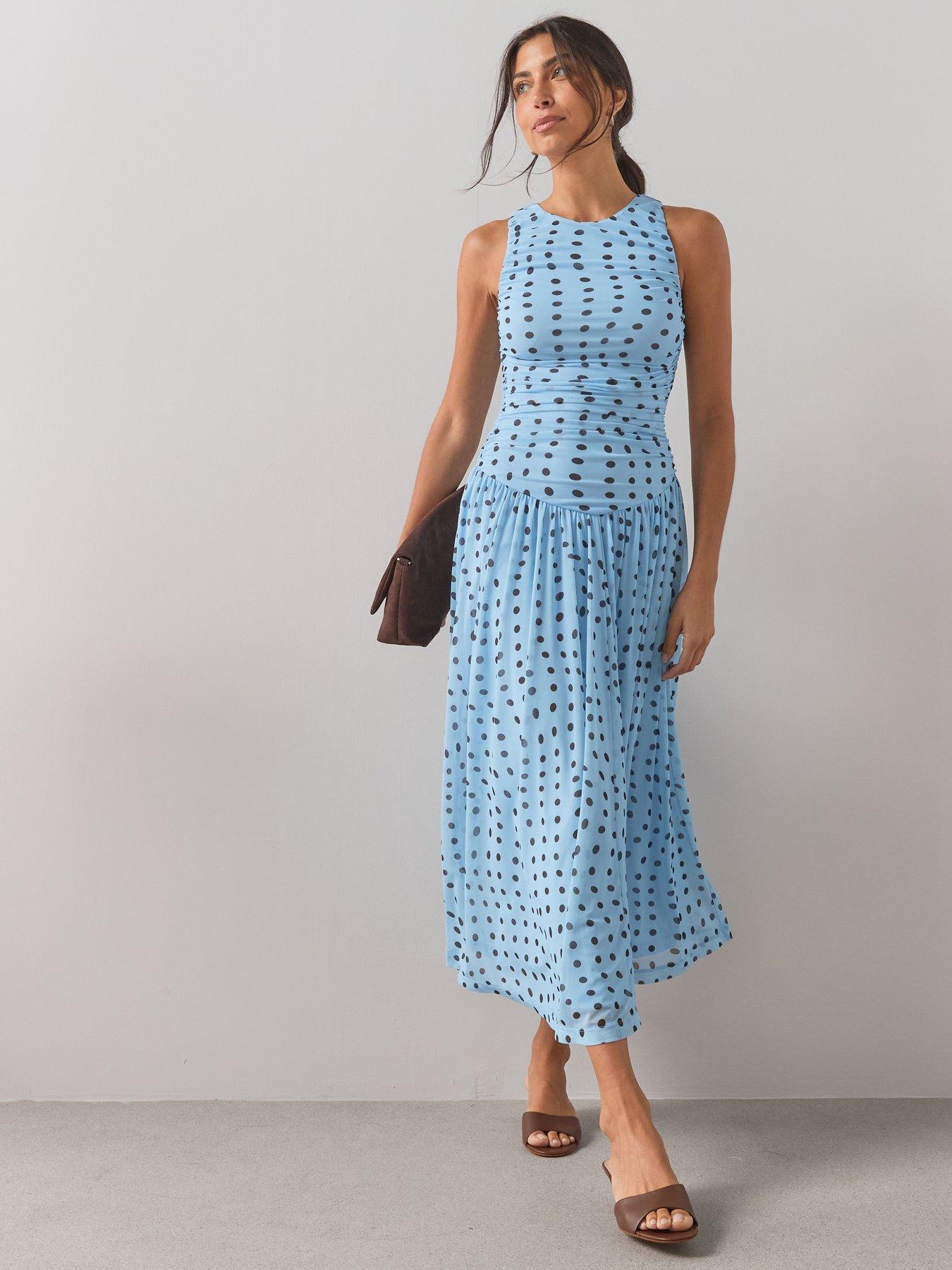 The Very Collection Printed Ruched Mesh Dress - Blue