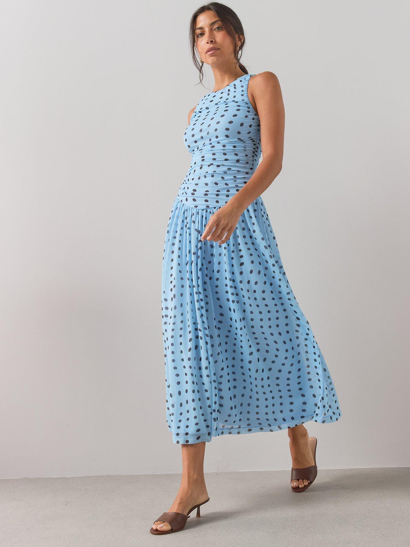 Image 4 of 7 of The Very Collection Printed Ruched Mesh Dress - Blue