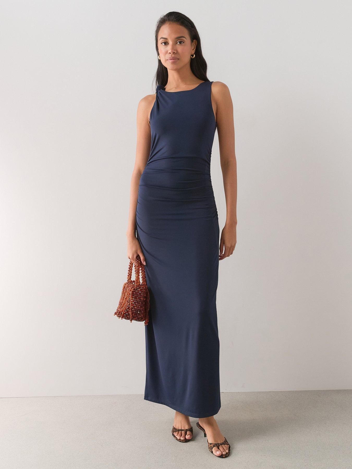 The Very Collection Knot Shoulder Ruched Midi Dress - Navy