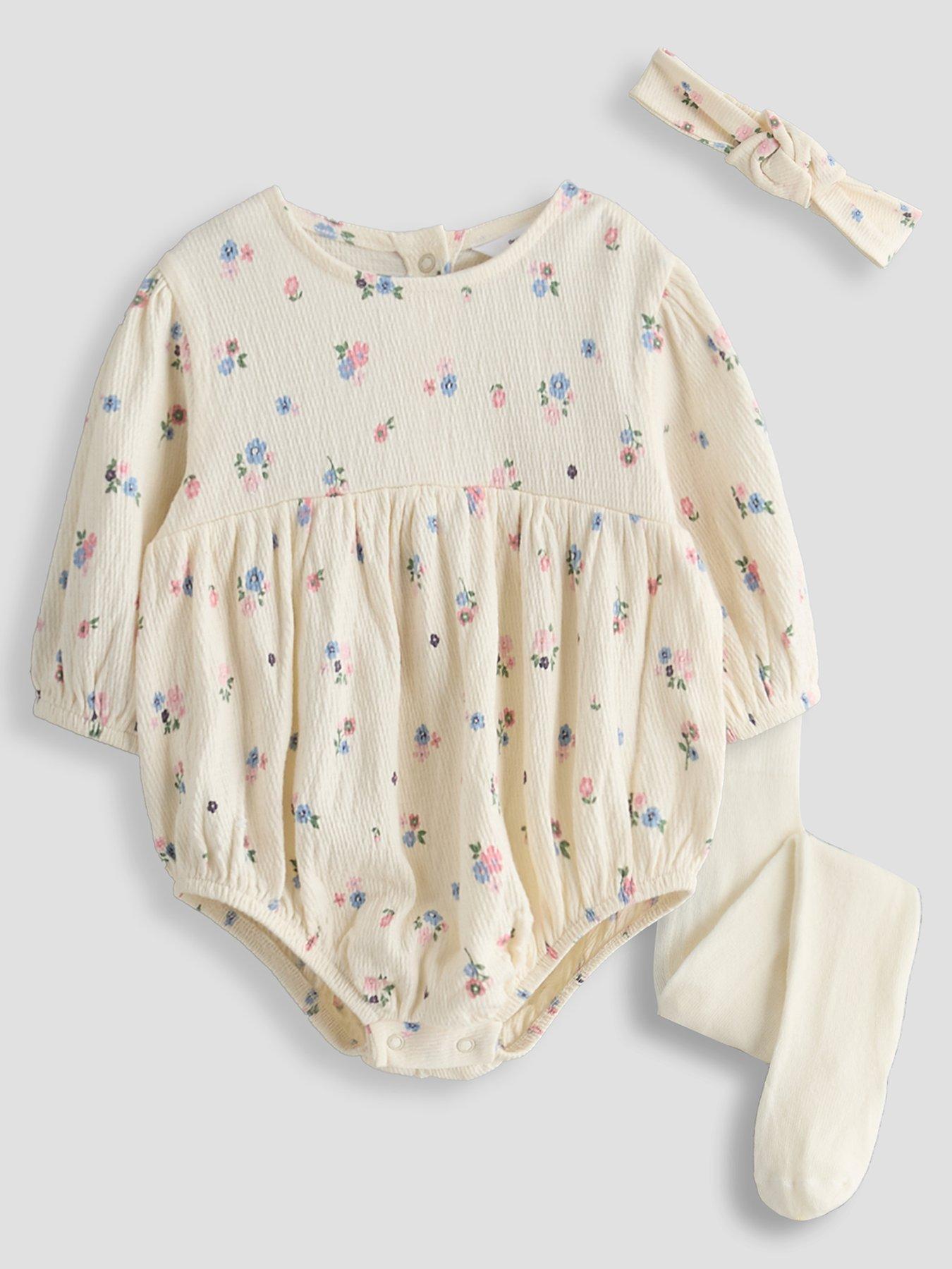 Image 1 of 4 of The Very Collection Baby Girl Ditsy Crinkle Floral Romper and Headband - Cream