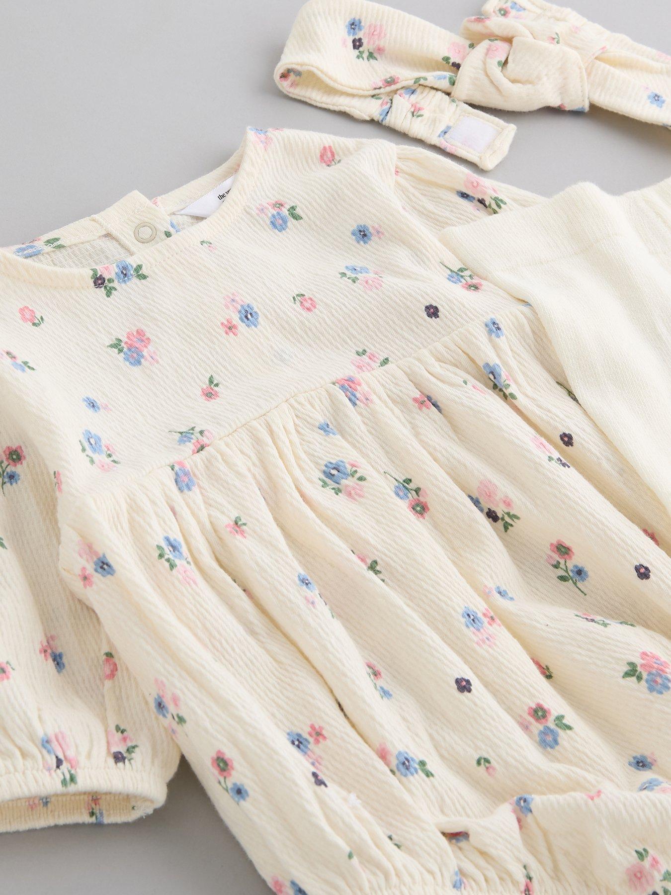Image 4 of 4 of The Very Collection Baby Girl Ditsy Crinkle Floral Romper and Headband - Cream