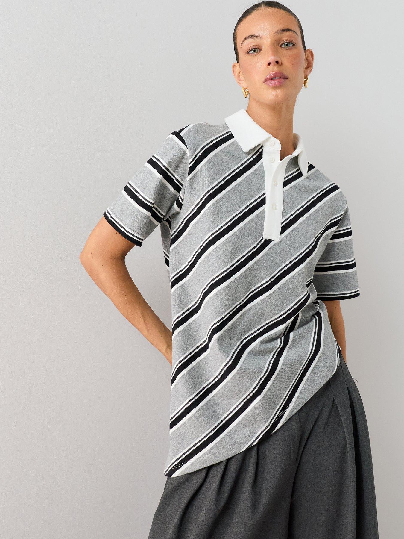 The Very Collection Asymmetric Short Sleeve Stripe Polo Tee - Grey/black