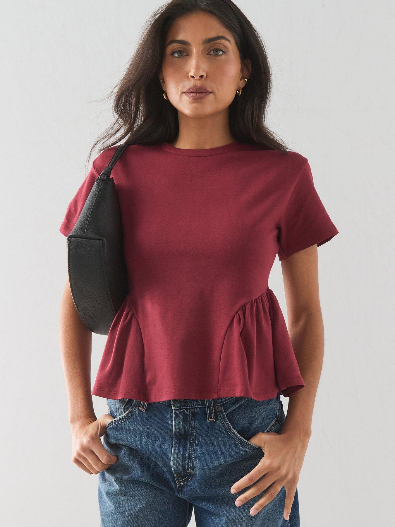 The Very Collection Peplum Cotton T-Shirt - Burgundy