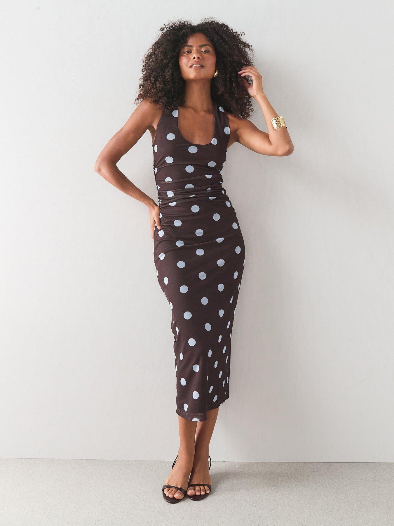 The Very Collection Polka Dot Ruched Maxi Dress - Brown/blue