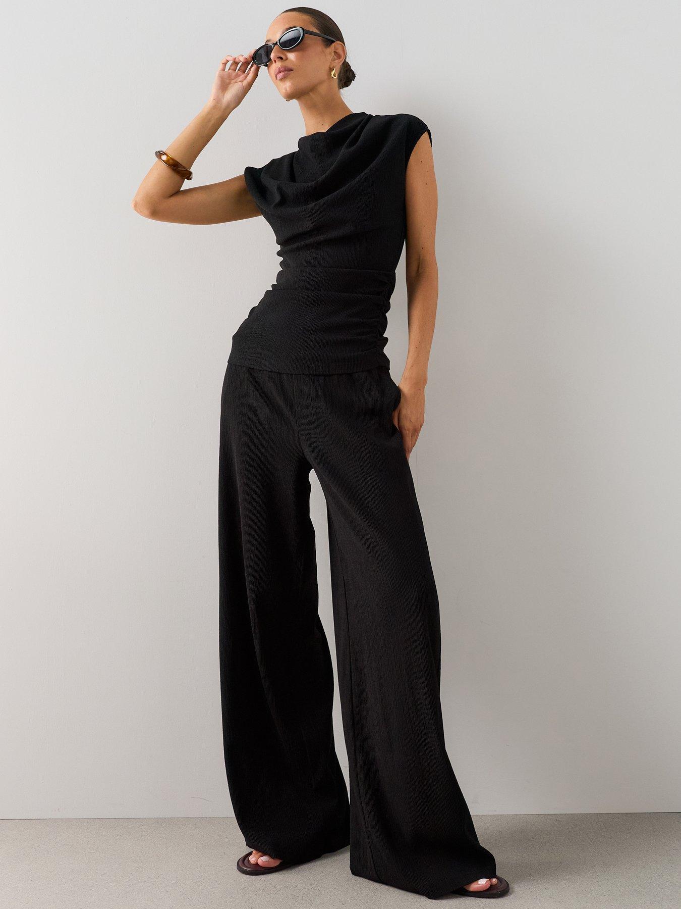 Image 1 of 7 of The Very Collection Crinkle Wide Leg Trouser Co-Ord - Black