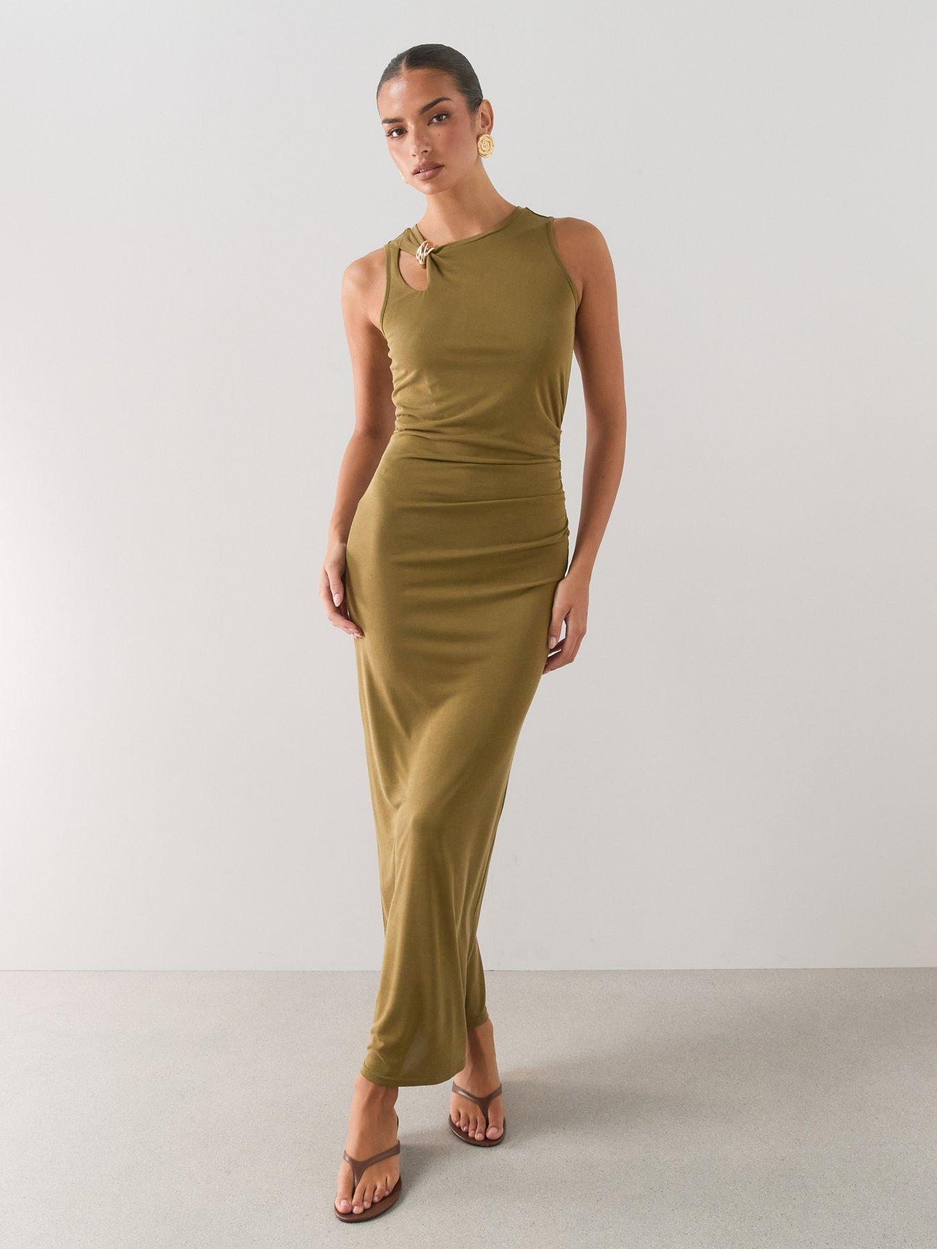 The Very Collection Gold Trim Ruched Midi Dress- Green