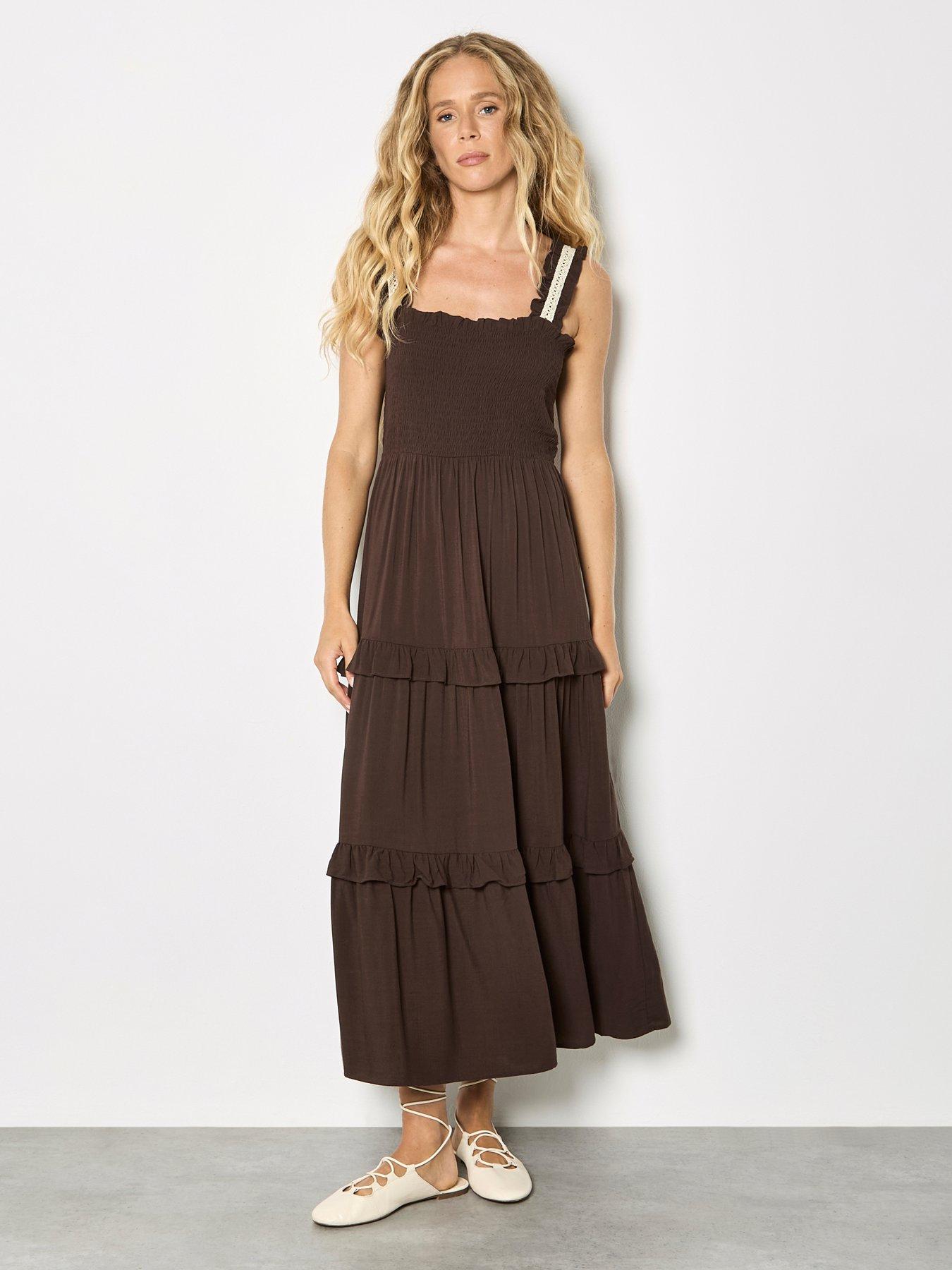 Apricot Smocked Tierred Crochet Dress