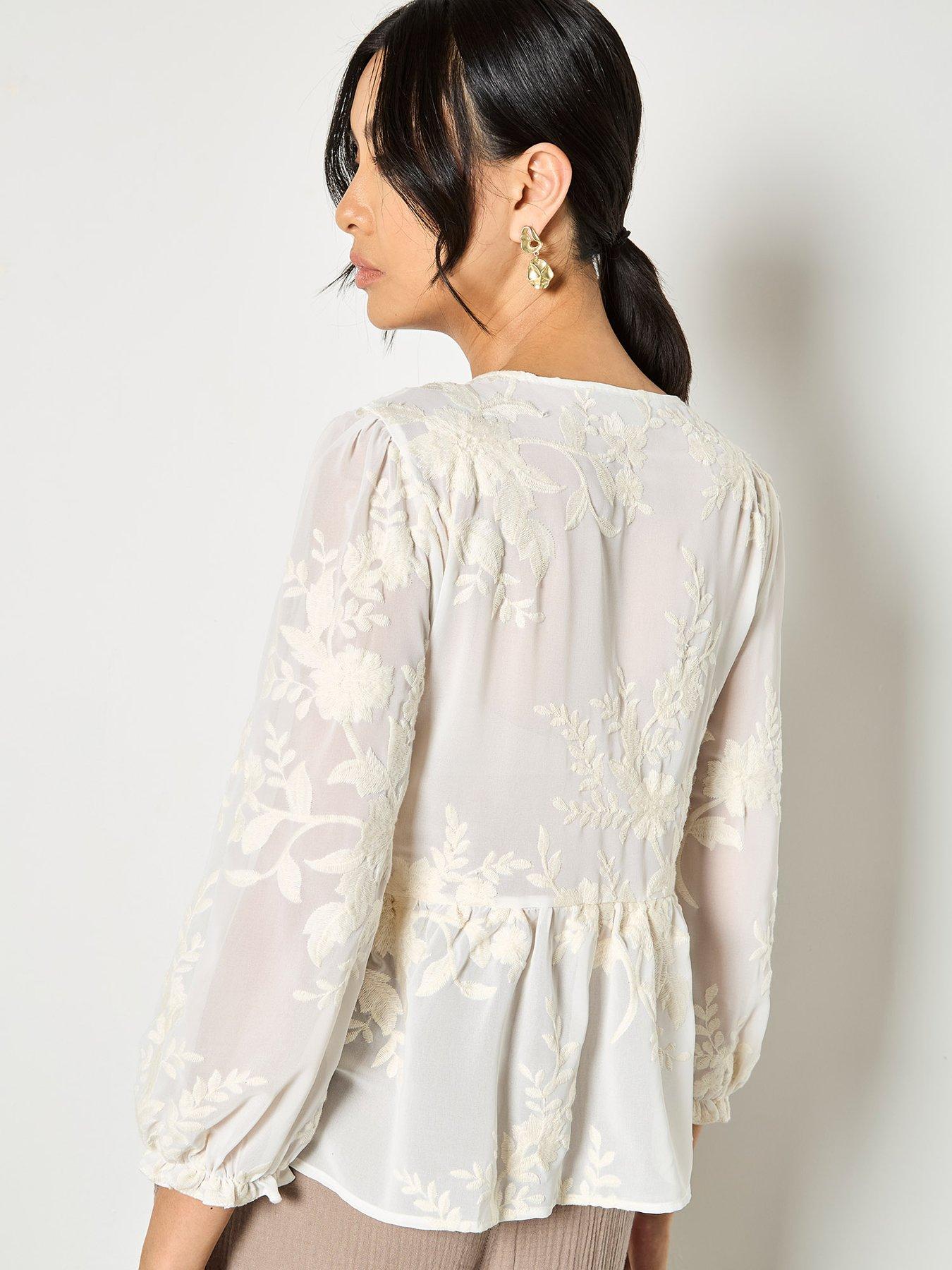 Image 2 of 4 of Apricot Embroidered Chiffon Peplum Top