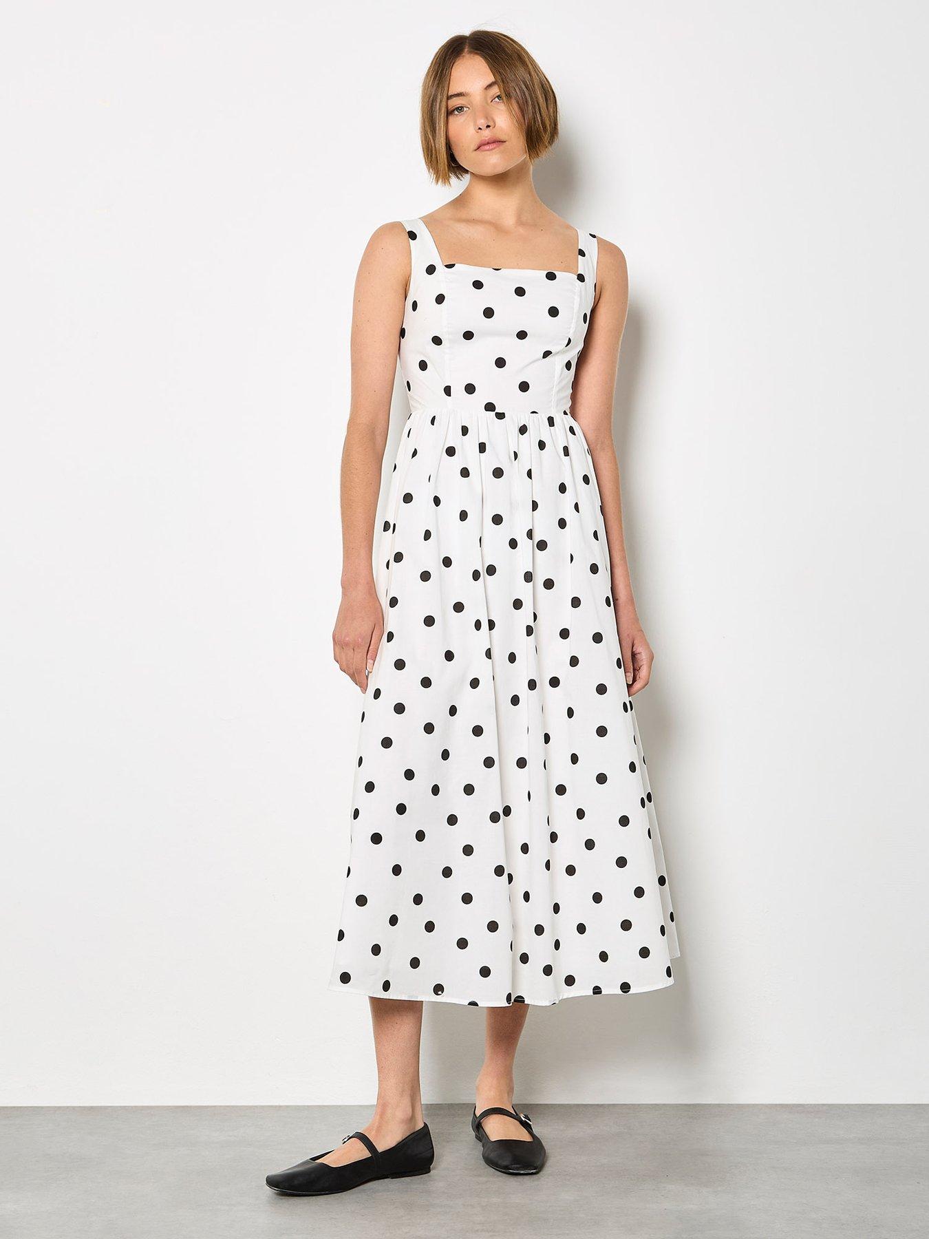 Apricot Polka Dot A-Line Midi Dress