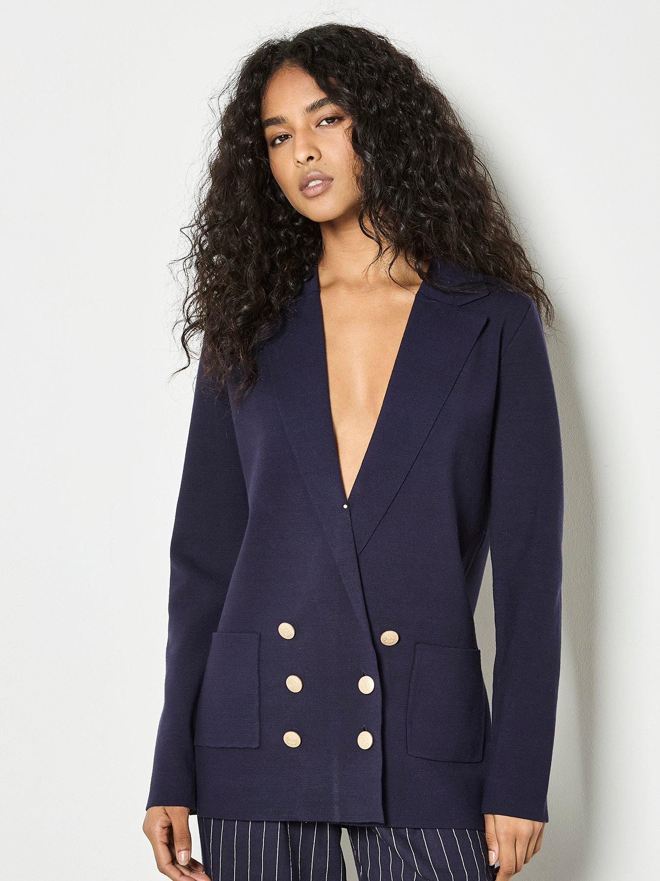 front image of apricot-metal-button-knitted-blazer