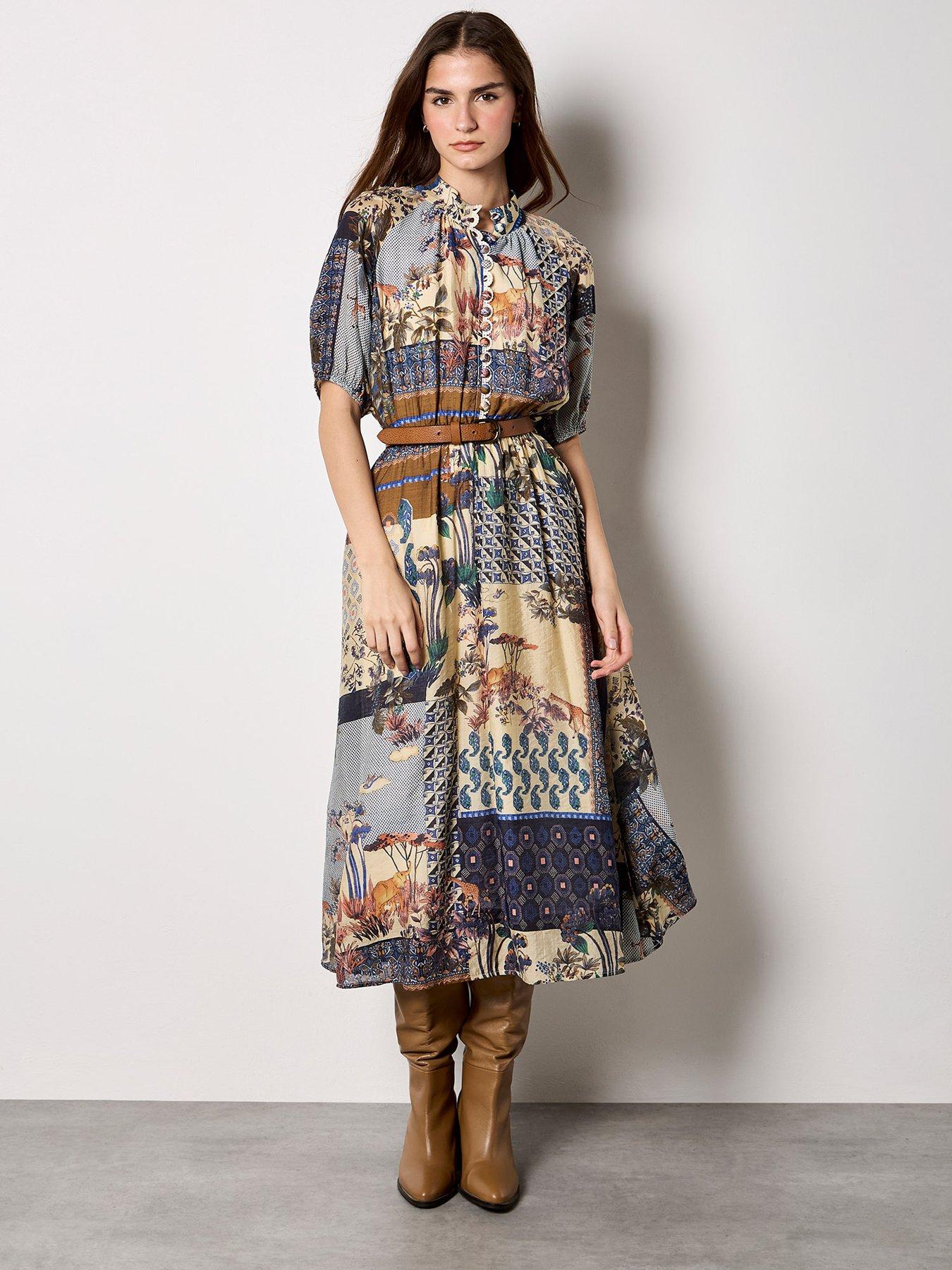 Image 1 of 5 of Apricot High Neck Patchwork Midi Shirt Dress