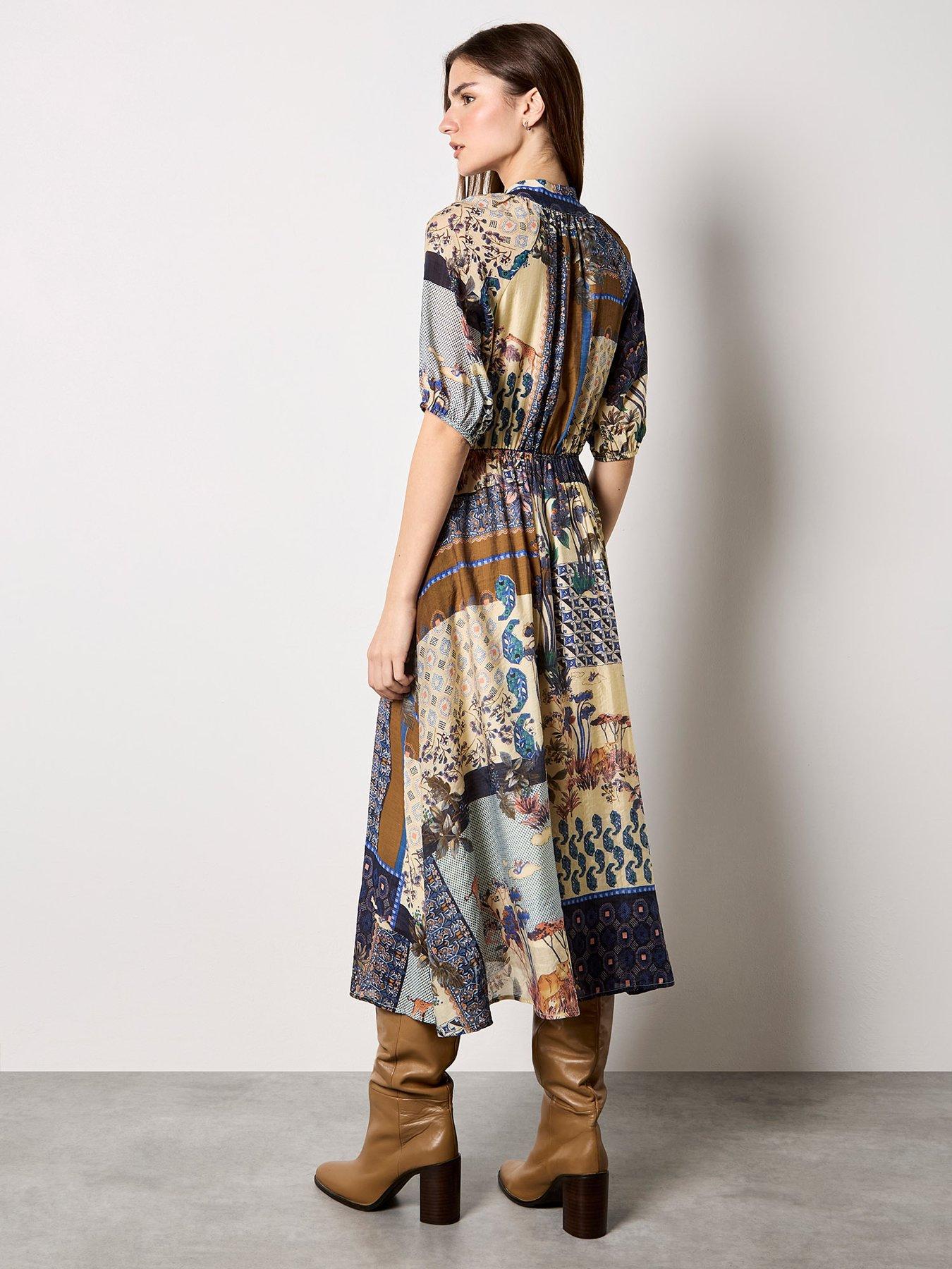 Image 2 of 5 of Apricot High Neck Patchwork Midi Shirt Dress