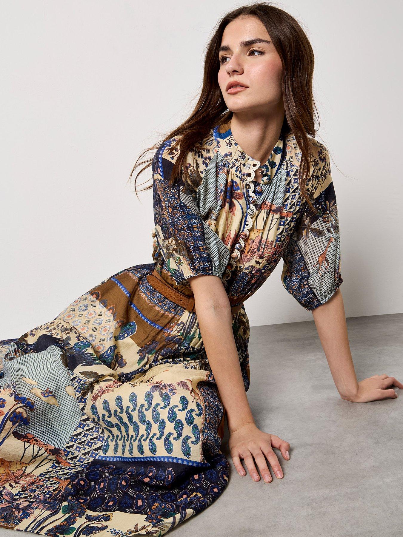 Image 3 of 5 of Apricot High Neck Patchwork Midi Shirt Dress
