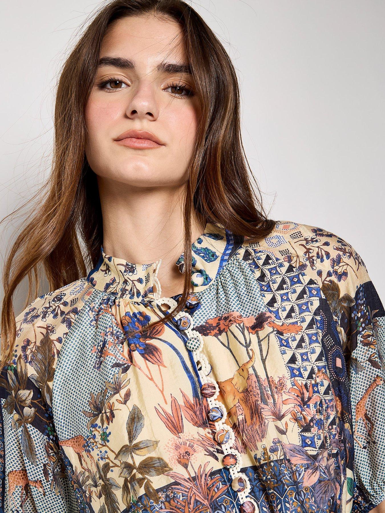 Image 4 of 5 of Apricot High Neck Patchwork Midi Shirt Dress