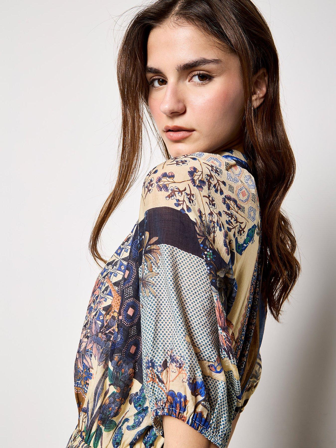 Image 5 of 5 of Apricot High Neck Patchwork Midi Shirt Dress