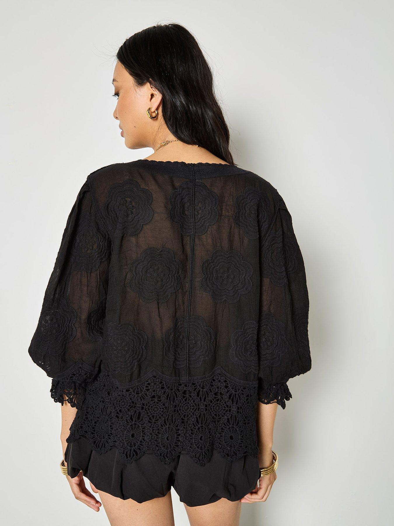 Image 2 of 5 of Apricot Embroidered Daisies Lace Hem Top