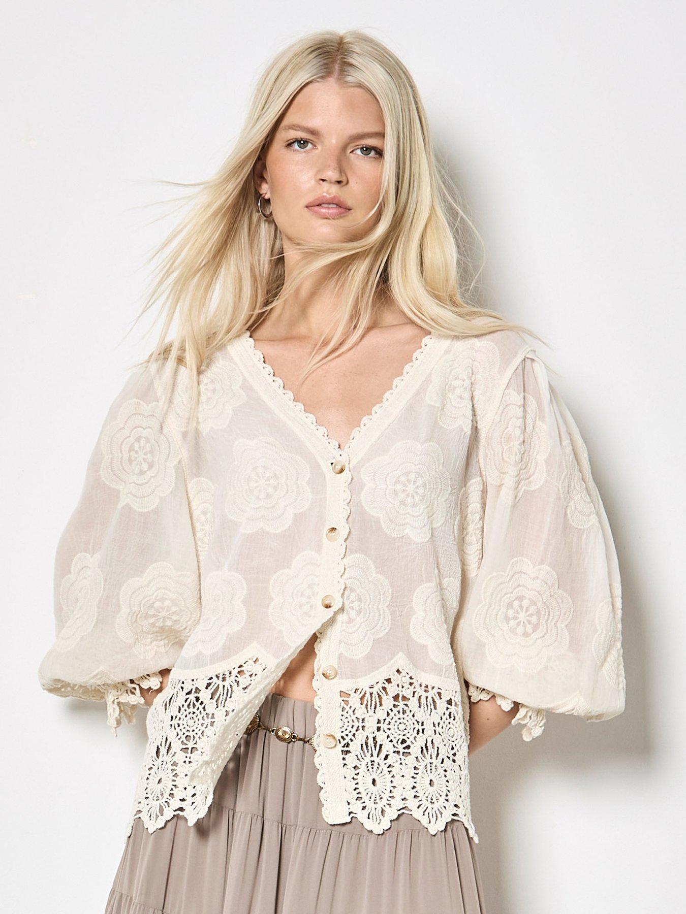 Apricot Embroidered Daisies Lace Hem Top