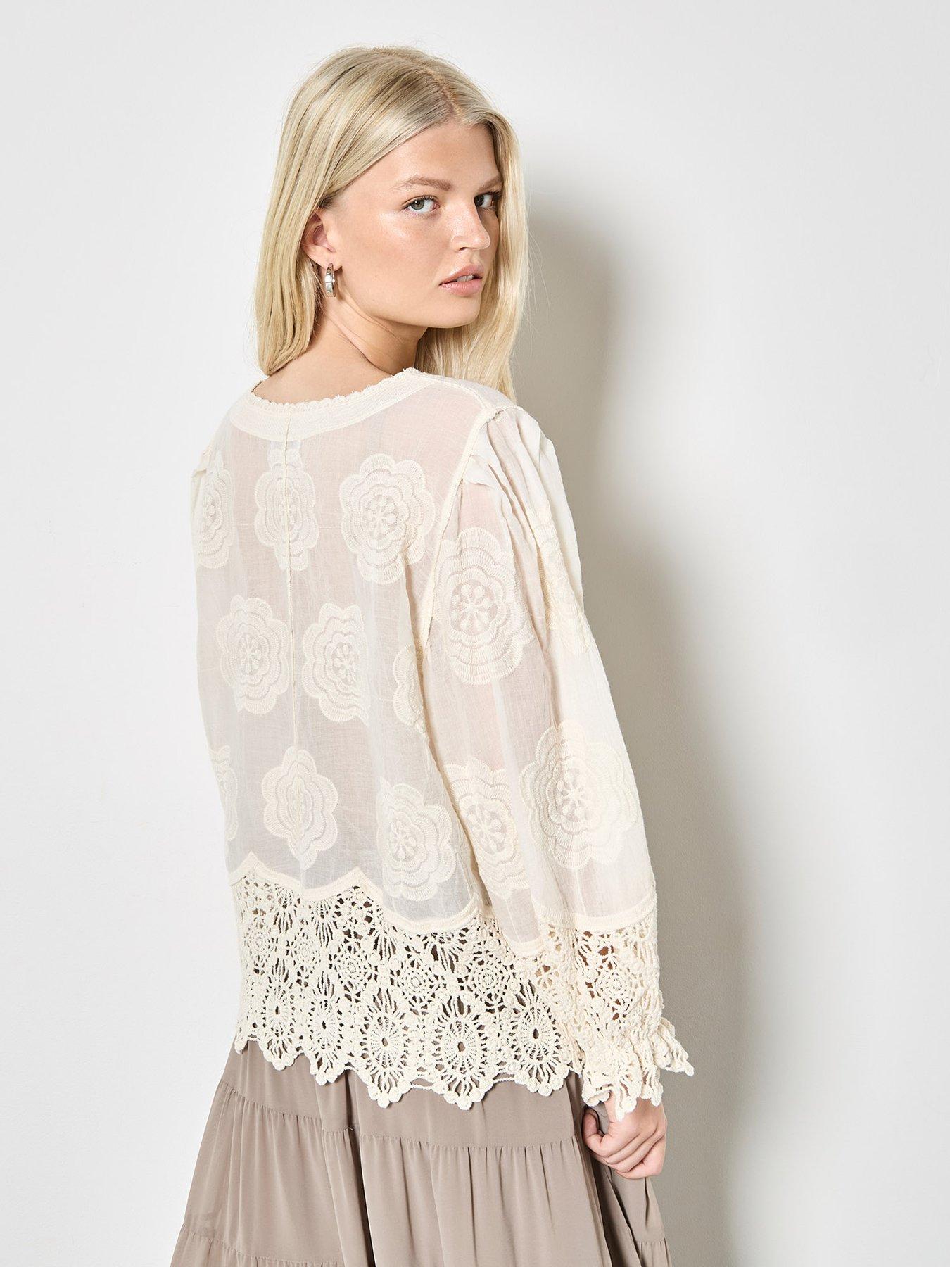 Image 2 of 4 of Apricot Embroidered Daisies Lace Hem Top