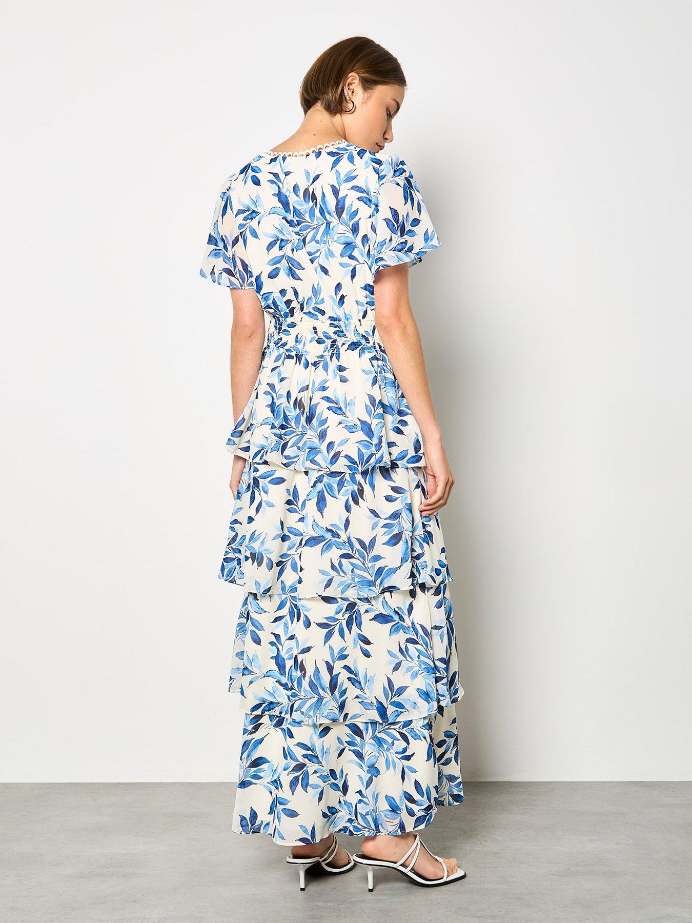  image of apricot-tiered-leaf-print-dress