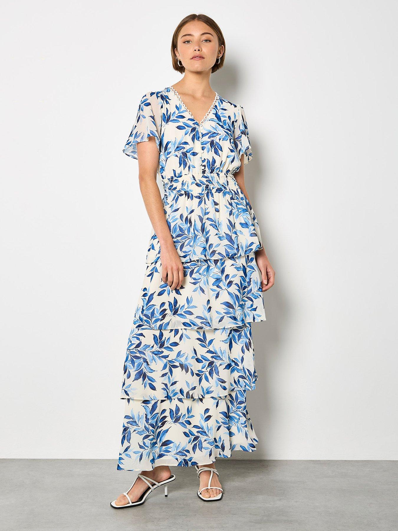  image of apricot-tiered-leaf-print-dress