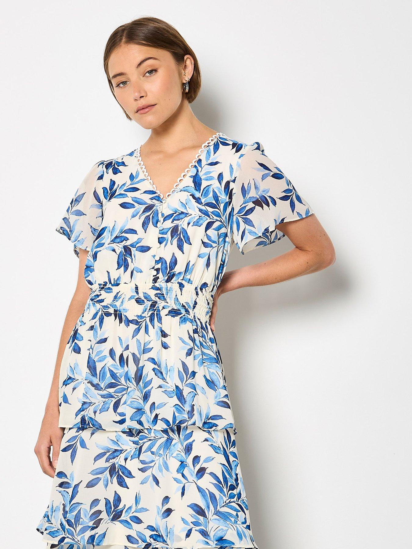  image of apricot-tiered-leaf-print-dress