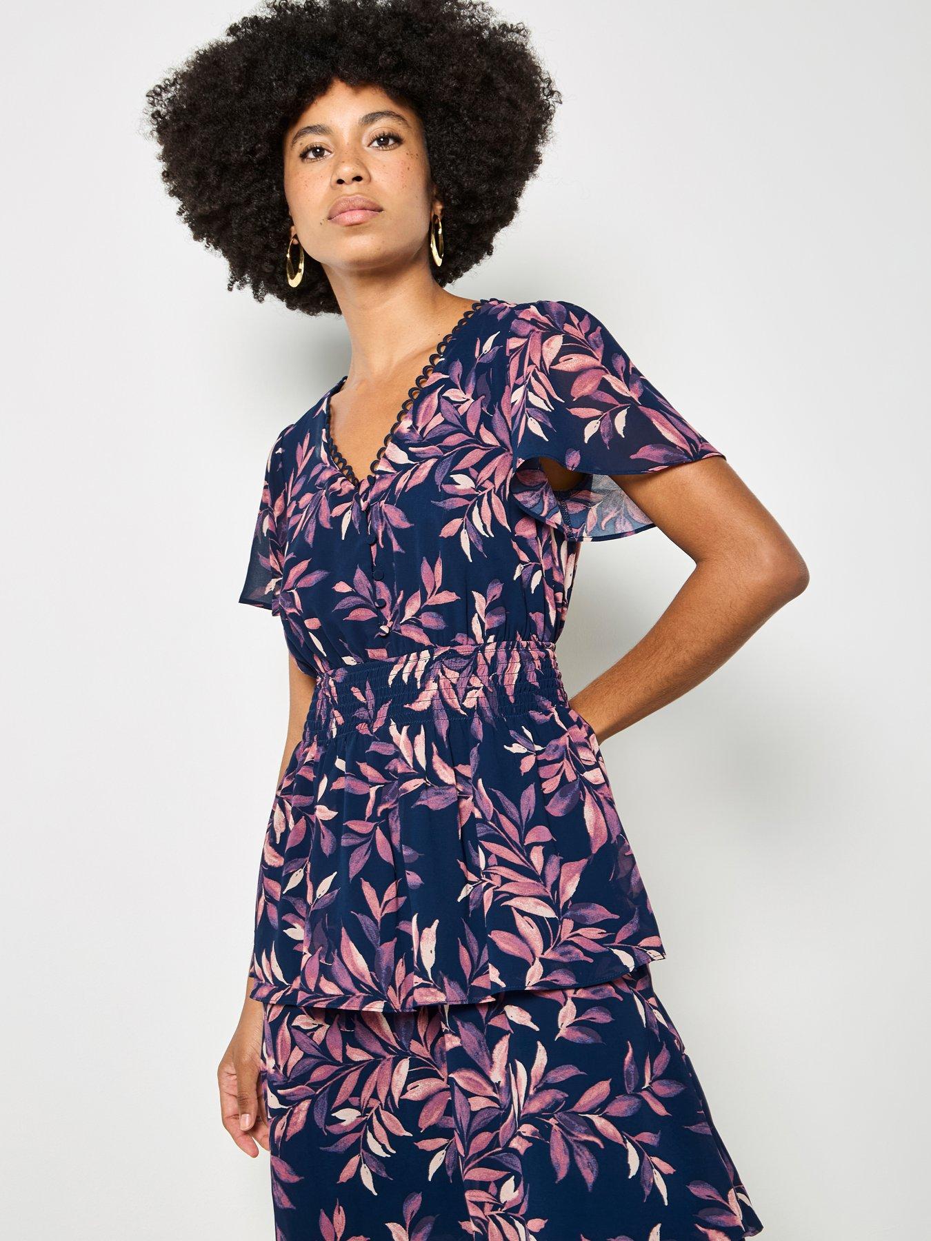 Image 1 of 5 of Apricot Tiered Leaf Print Dress
