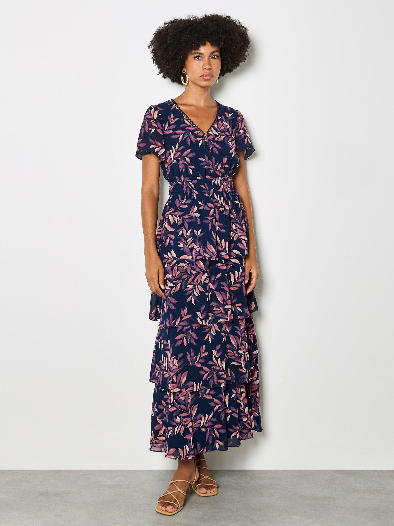 Image 3 of 5 of Apricot Tiered Leaf Print Dress
