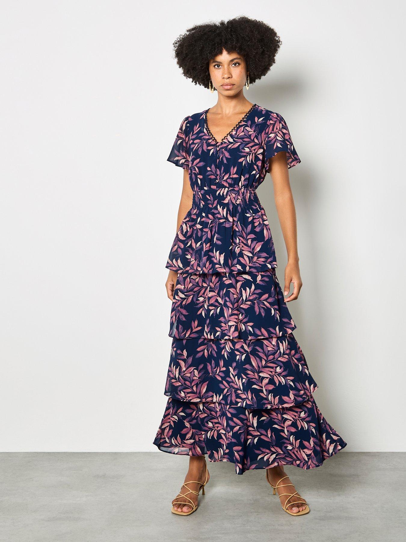 Image 5 of 5 of Apricot Tiered Leaf Print Dress