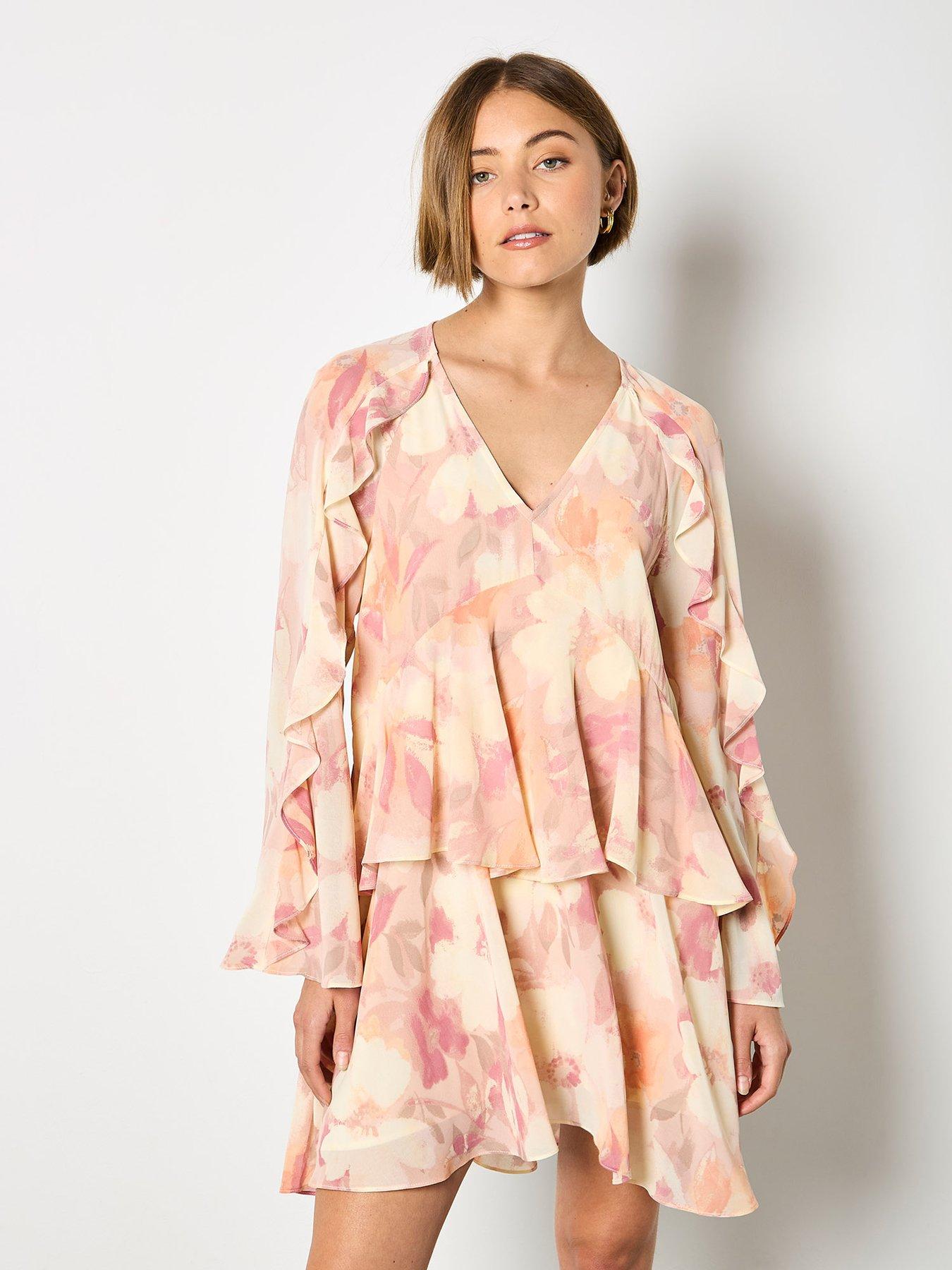 Apricot Printed Ruffle Baby Doll Dress