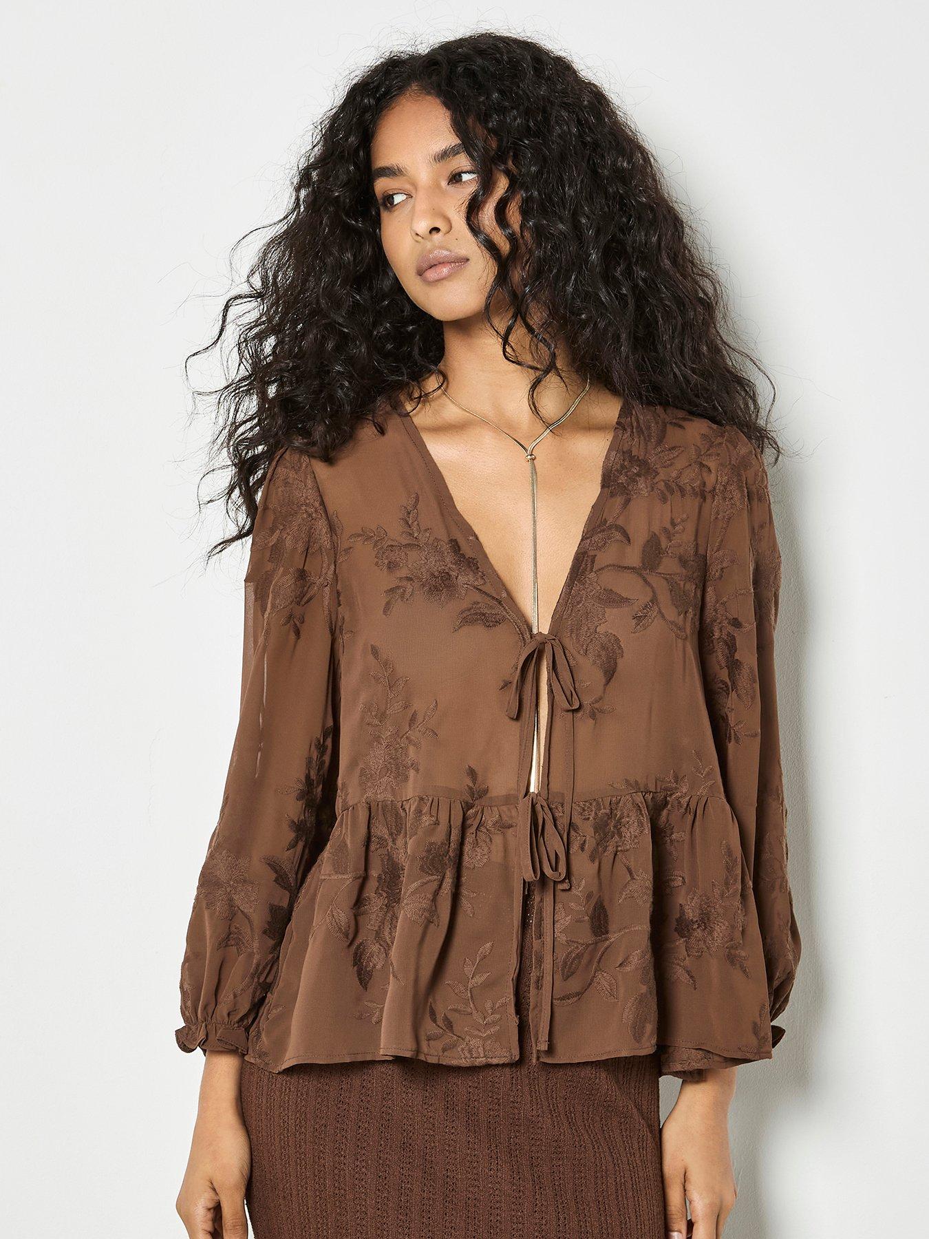 Apricot Embroidered Chiffon Peplum Top