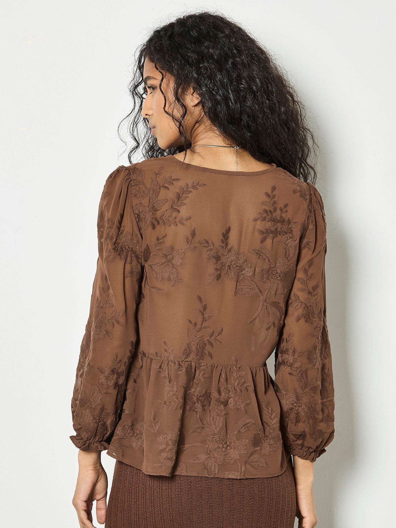 image of apricot-embroidered-chiffon-peplum-top