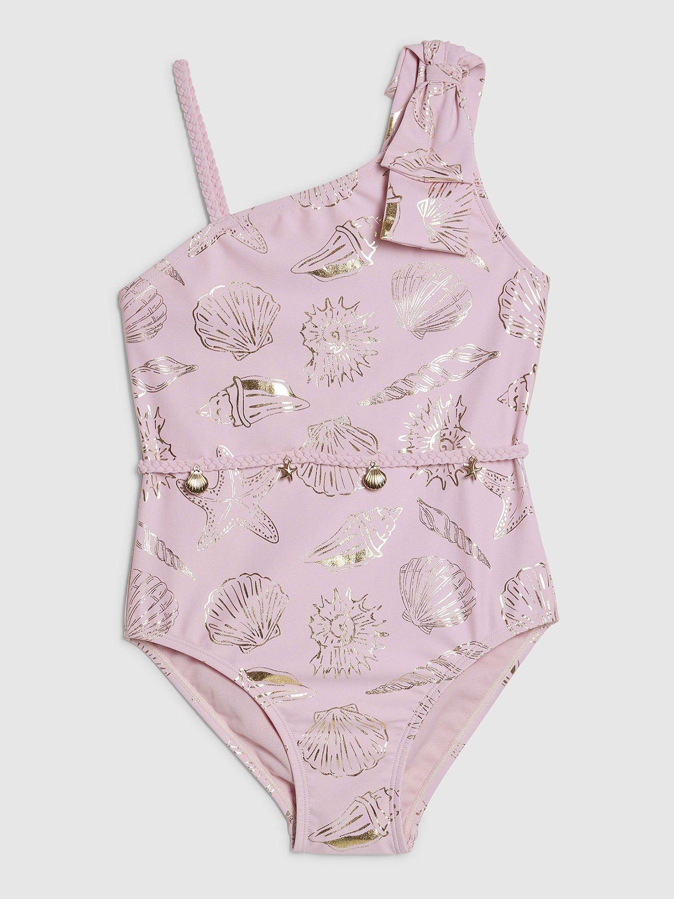 Image 1 of 4 of River Island Older Girls Gold Foil Shell Swimsuit - Pink