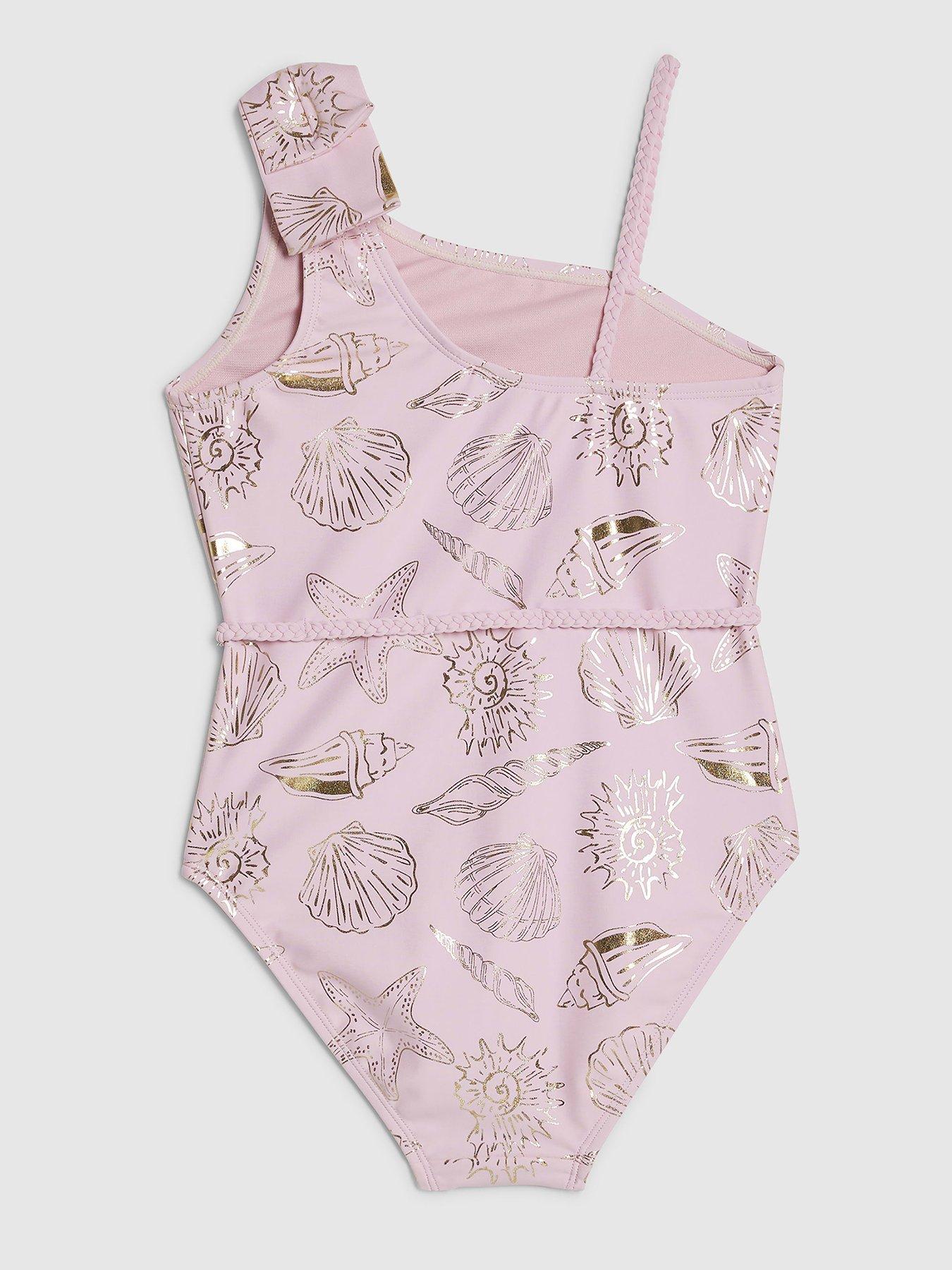 Image 2 of 4 of River Island Older Girls Gold Foil Shell Swimsuit - Pink