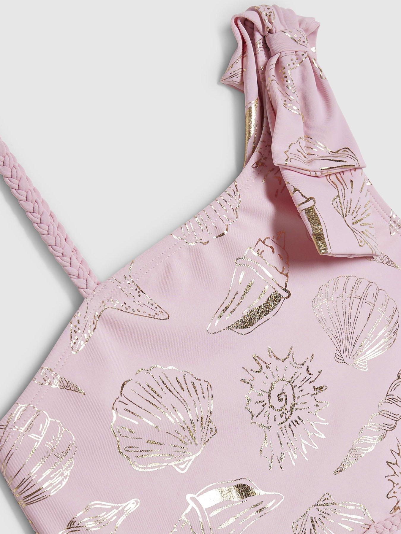 Image 3 of 4 of River Island Older Girls Gold Foil Shell Swimsuit - Pink