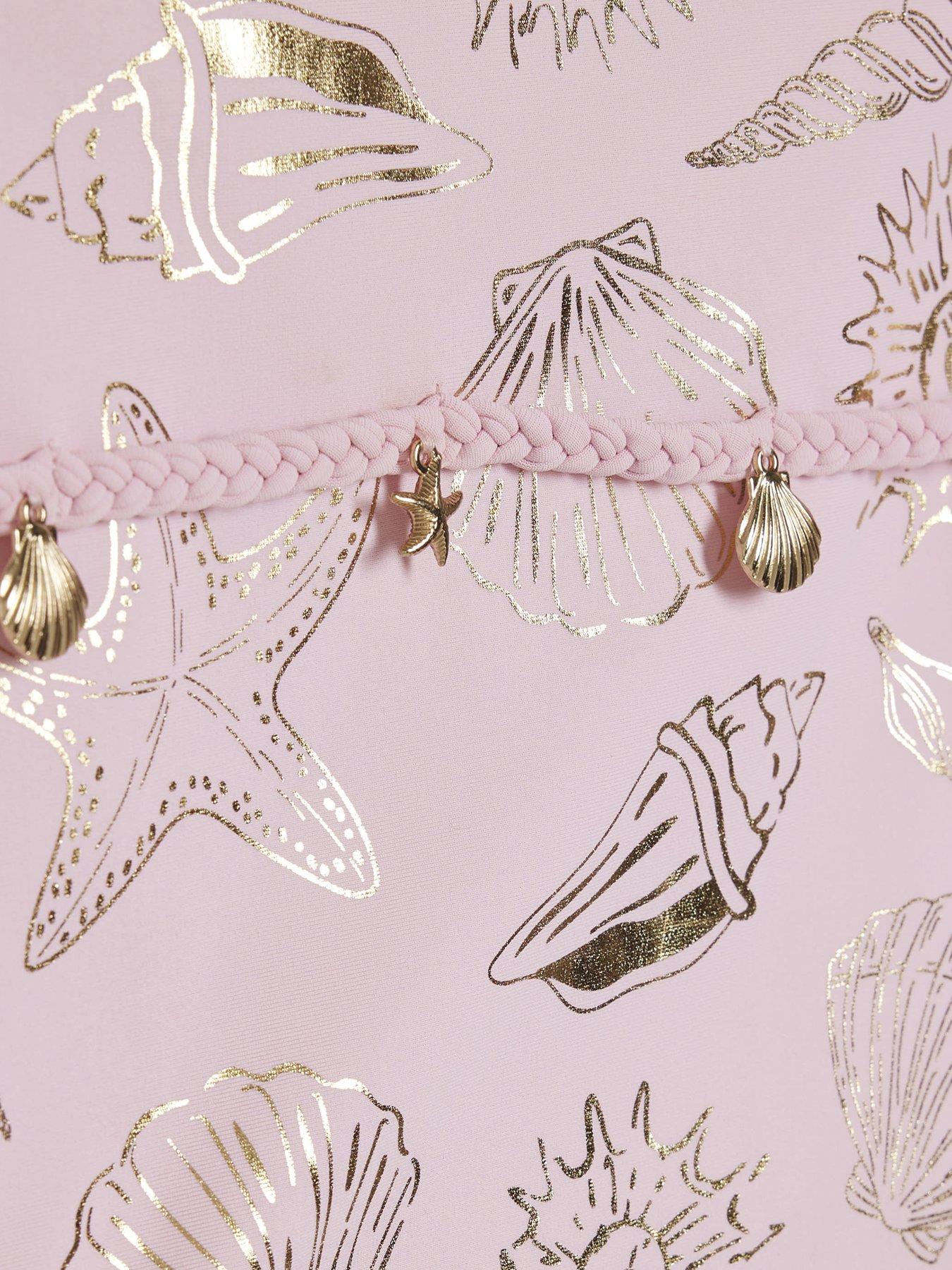 Image 4 of 4 of River Island Older Girls Gold Foil Shell Swimsuit - Pink