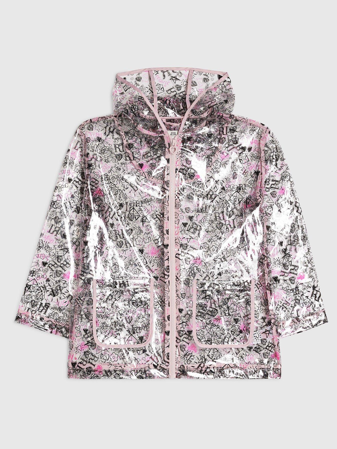 Image 1 of 4 of River Island Older Girls Graffiti Print Raincoat - Black