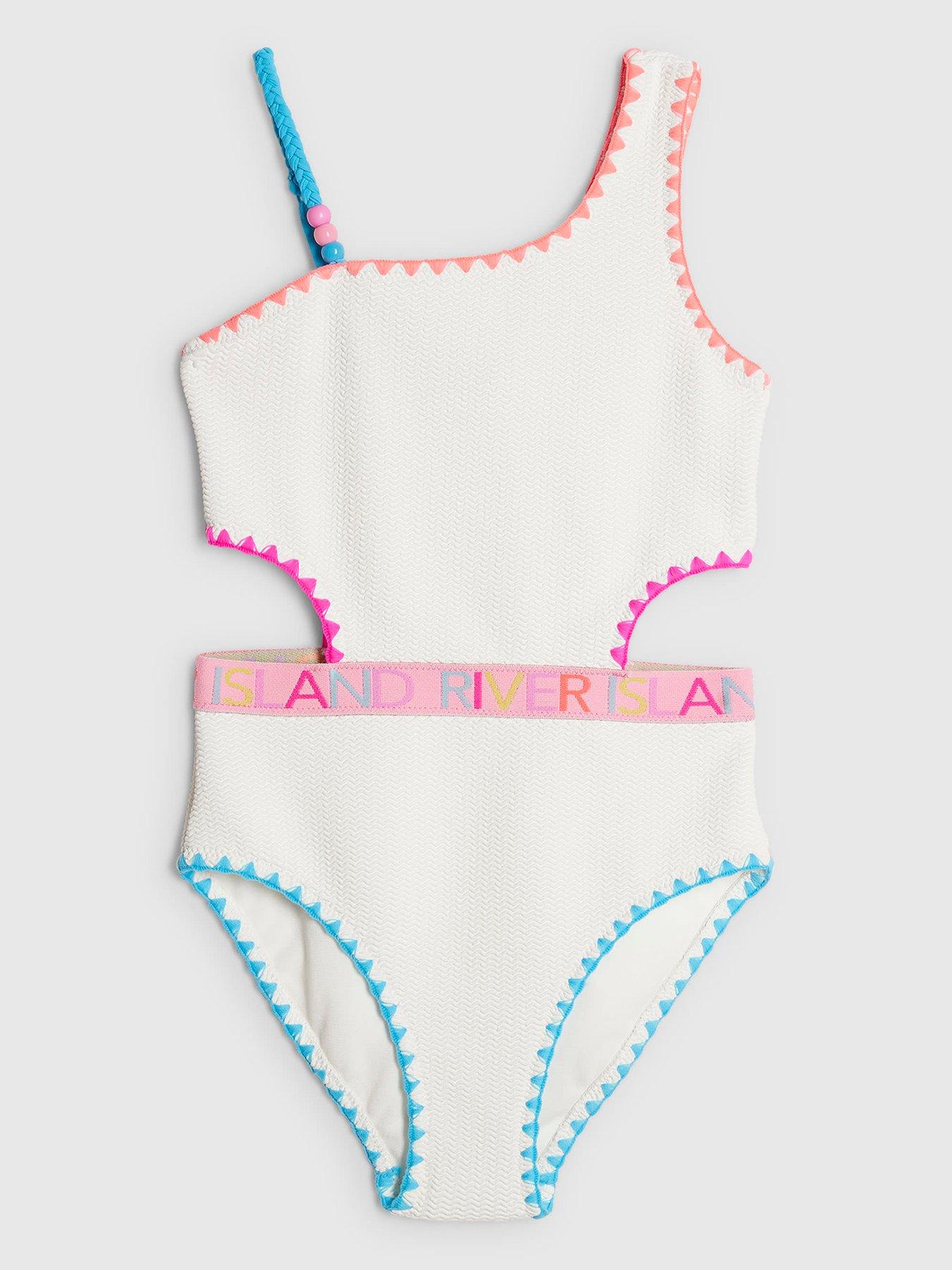 River Island Older Girls Textured Asymmetric Swimsuit - White