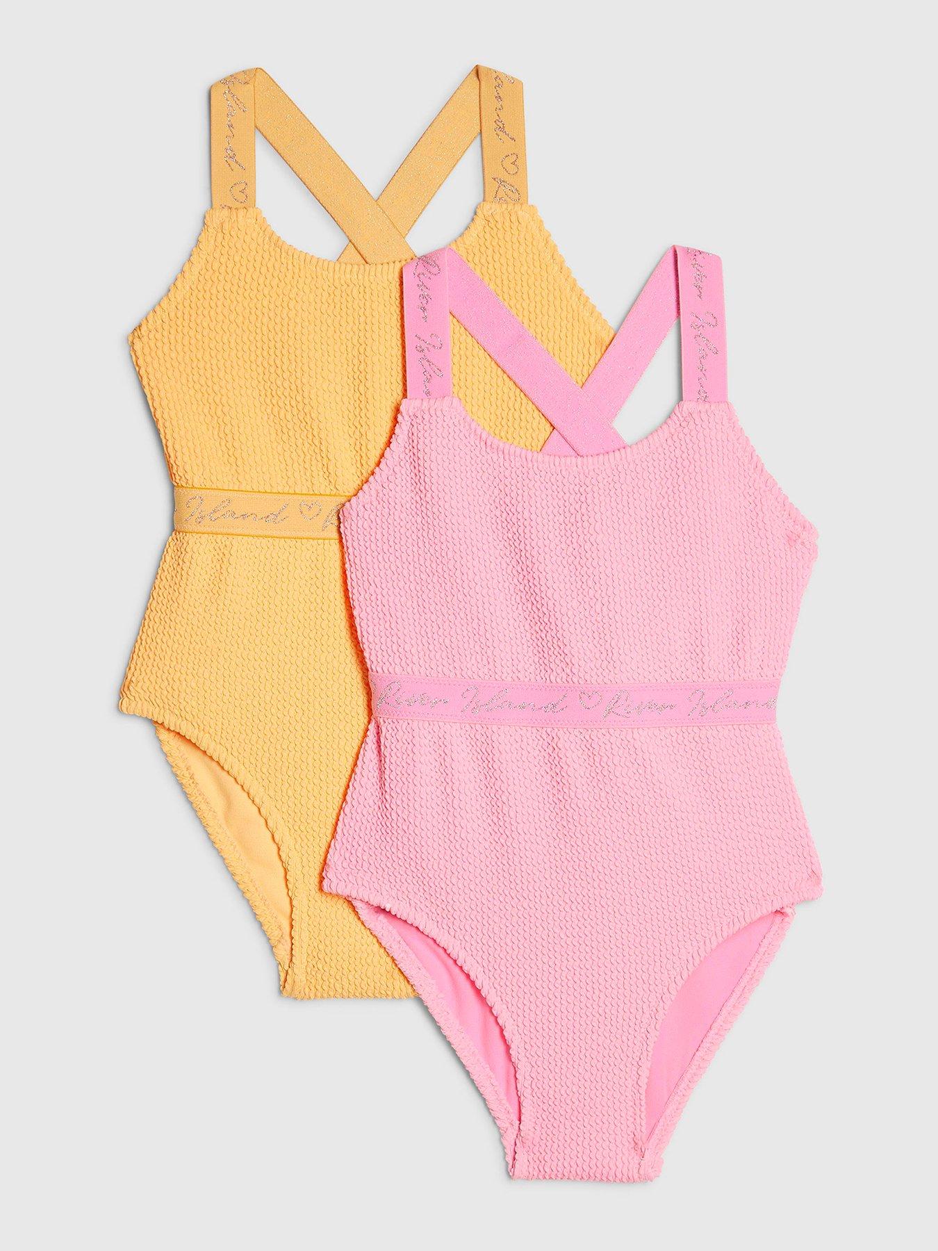 River Island Older Girls Textured 2 Pack Swimsuit - Pink/Orange