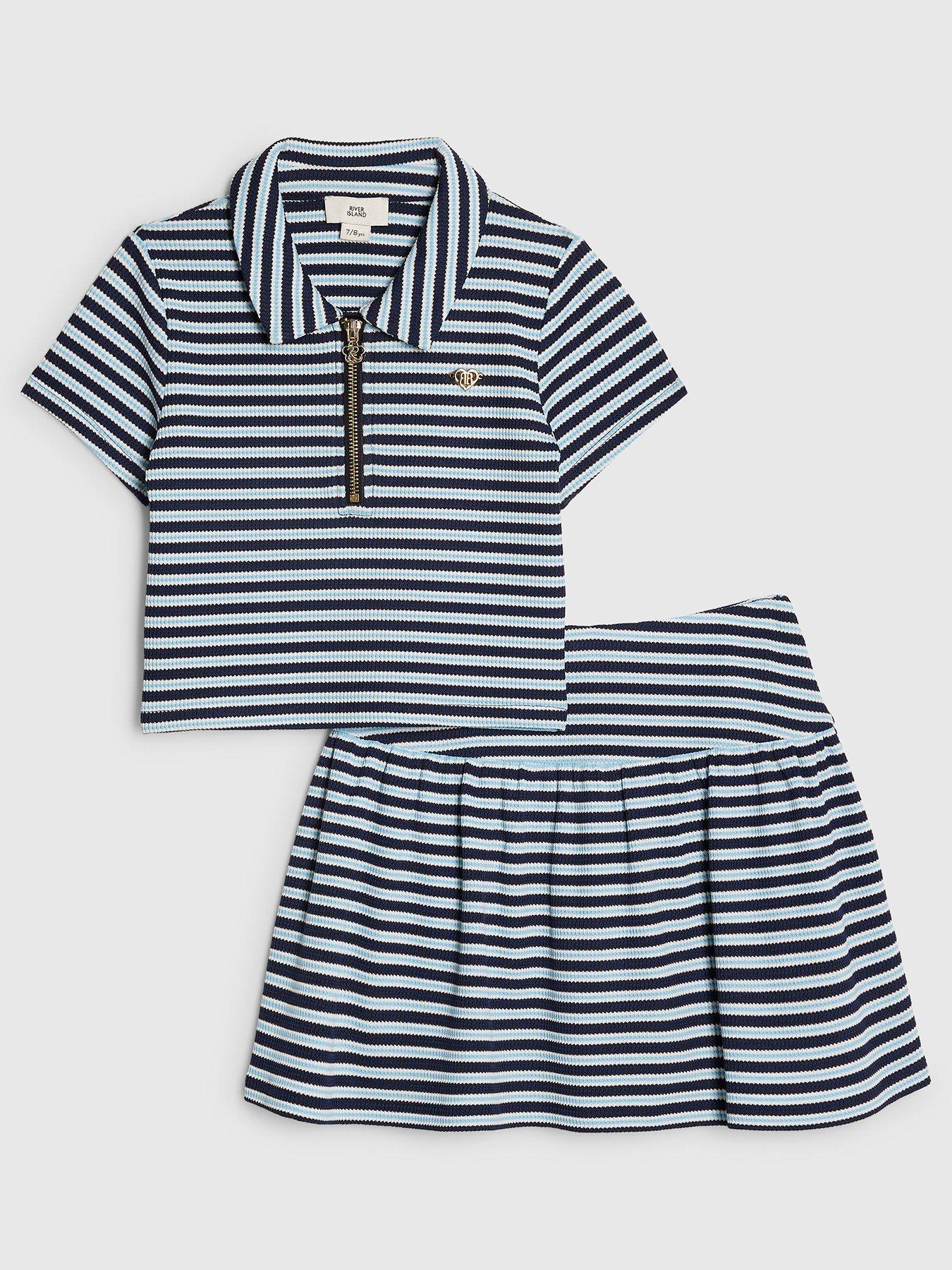 River Island Older Girls Stripe Polo Shirt And Skirt Set - Blue