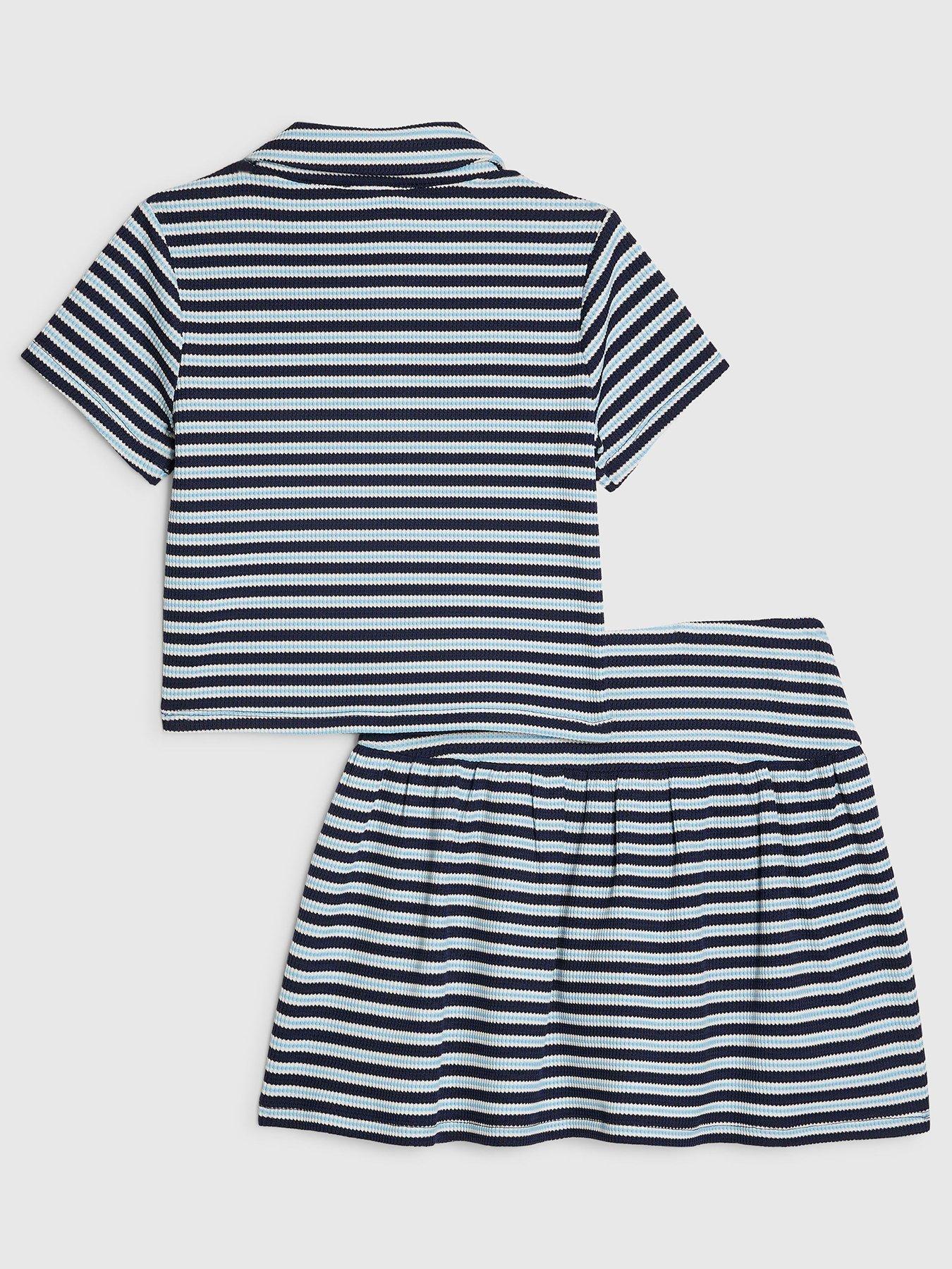 Image 2 of 5 of River Island Older Girls Stripe Polo Shirt And Skirt Set - Blue