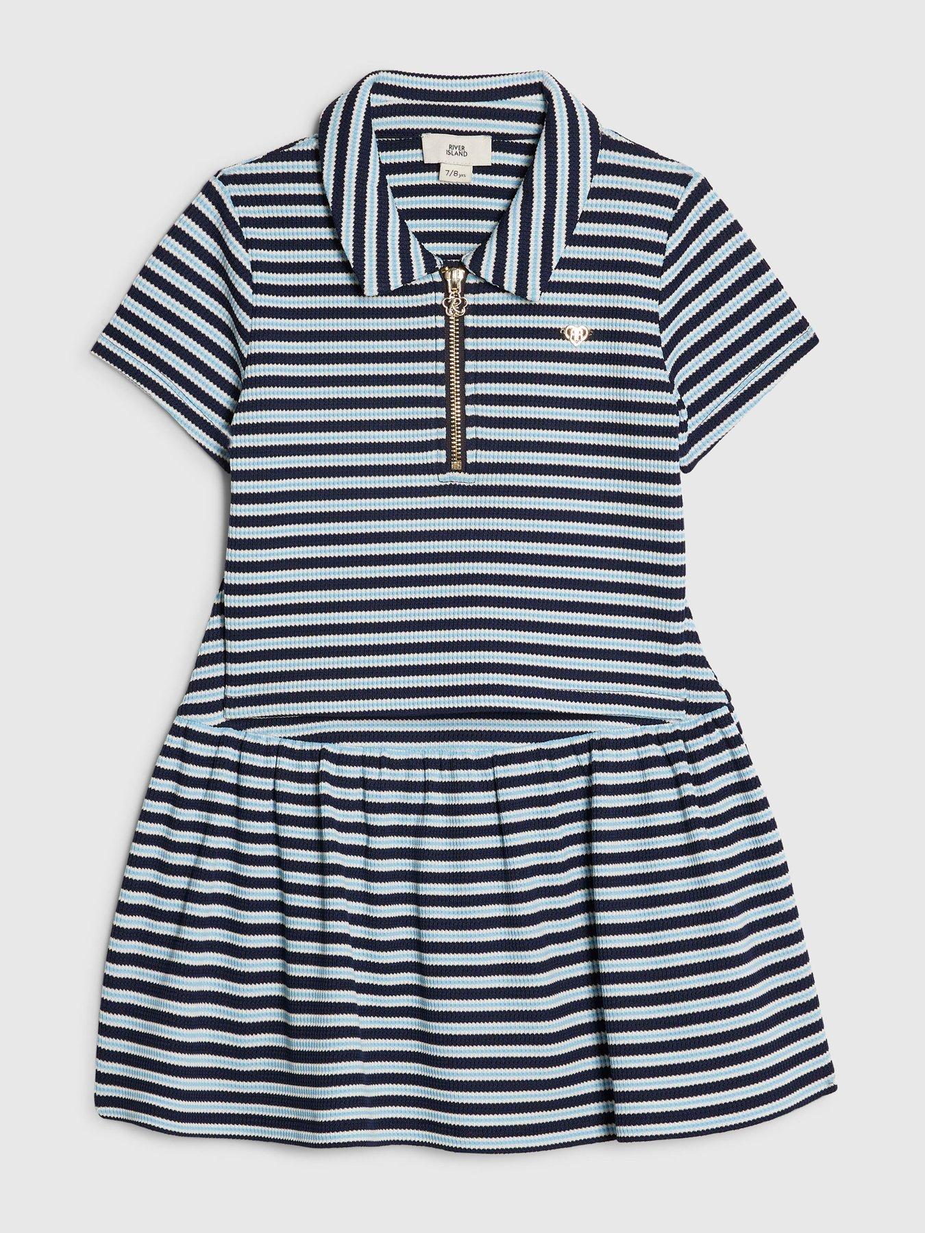 Image 3 of 5 of River Island Older Girls Stripe Polo Shirt And Skirt Set - Blue