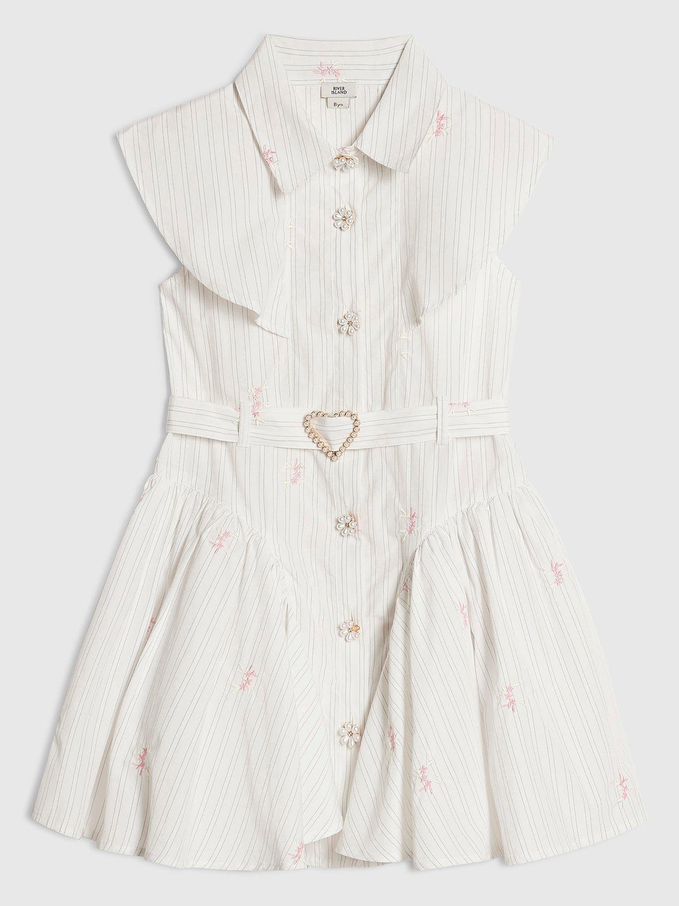 River Island Older Girls Stripe Belted Shirt Dress - Cream