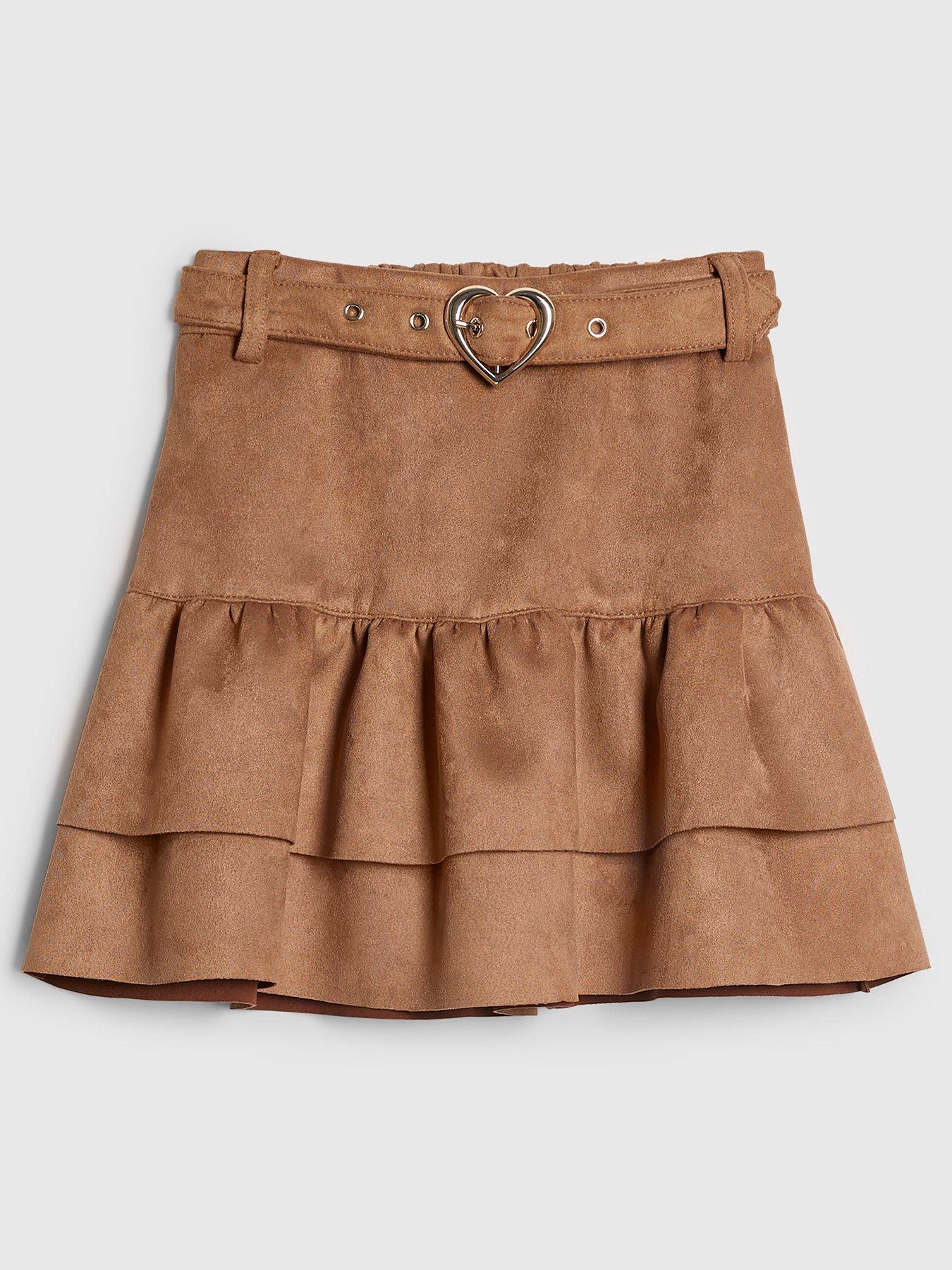 river-island-older-girls-faux-suede-heart-belted-skirt-brown