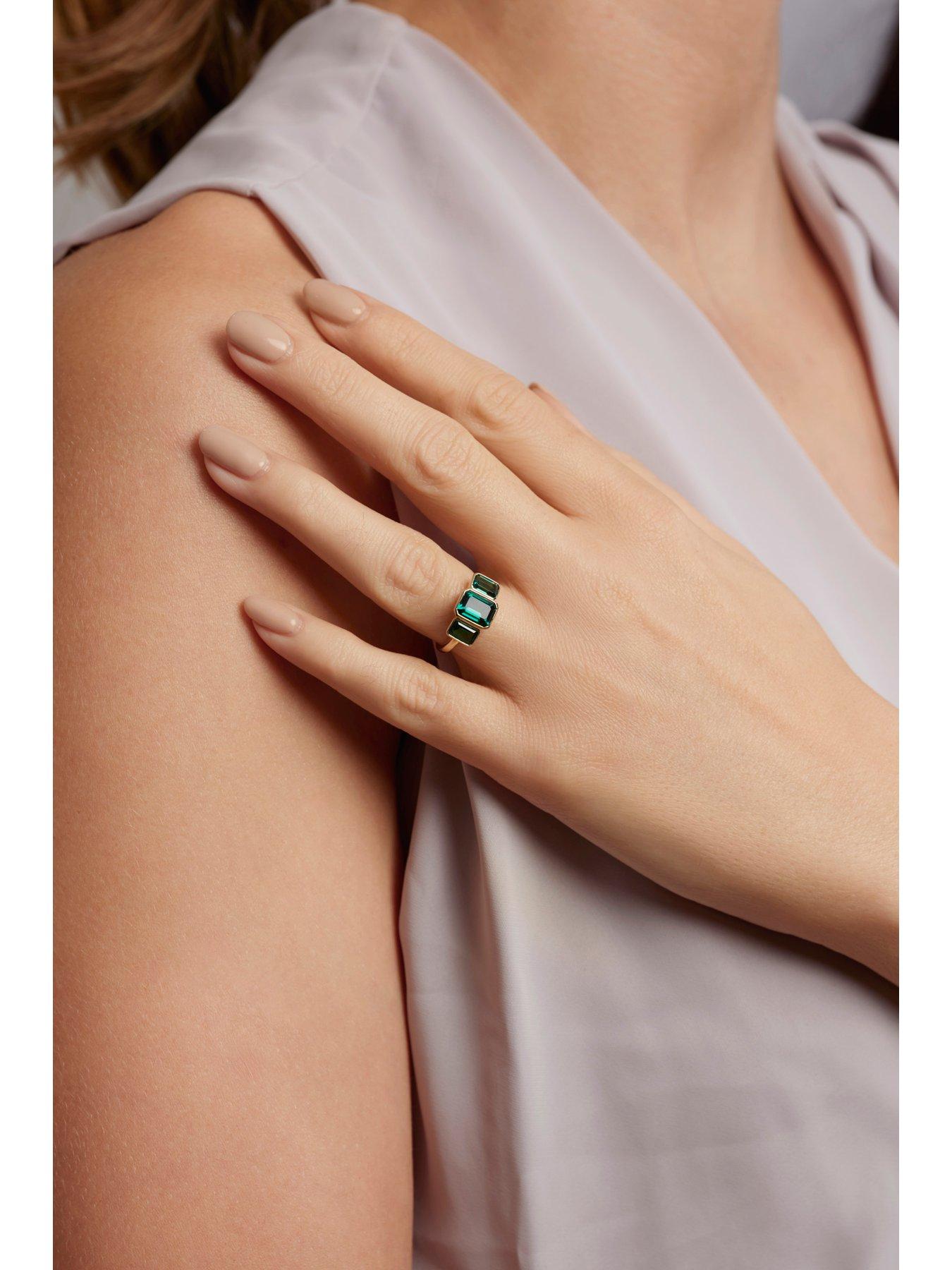  image of created-brilliance-cleo-9ct-yellow-gold-created-emerald-trilogy-ring