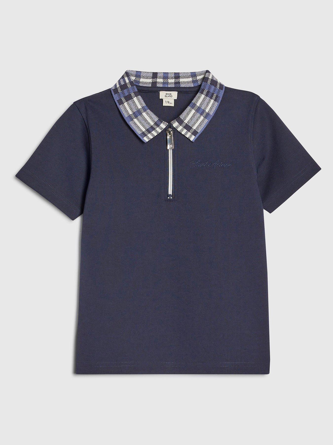 Image 1 of 4 of River Island Older Boys Check Collar Polo Shirt - Navy