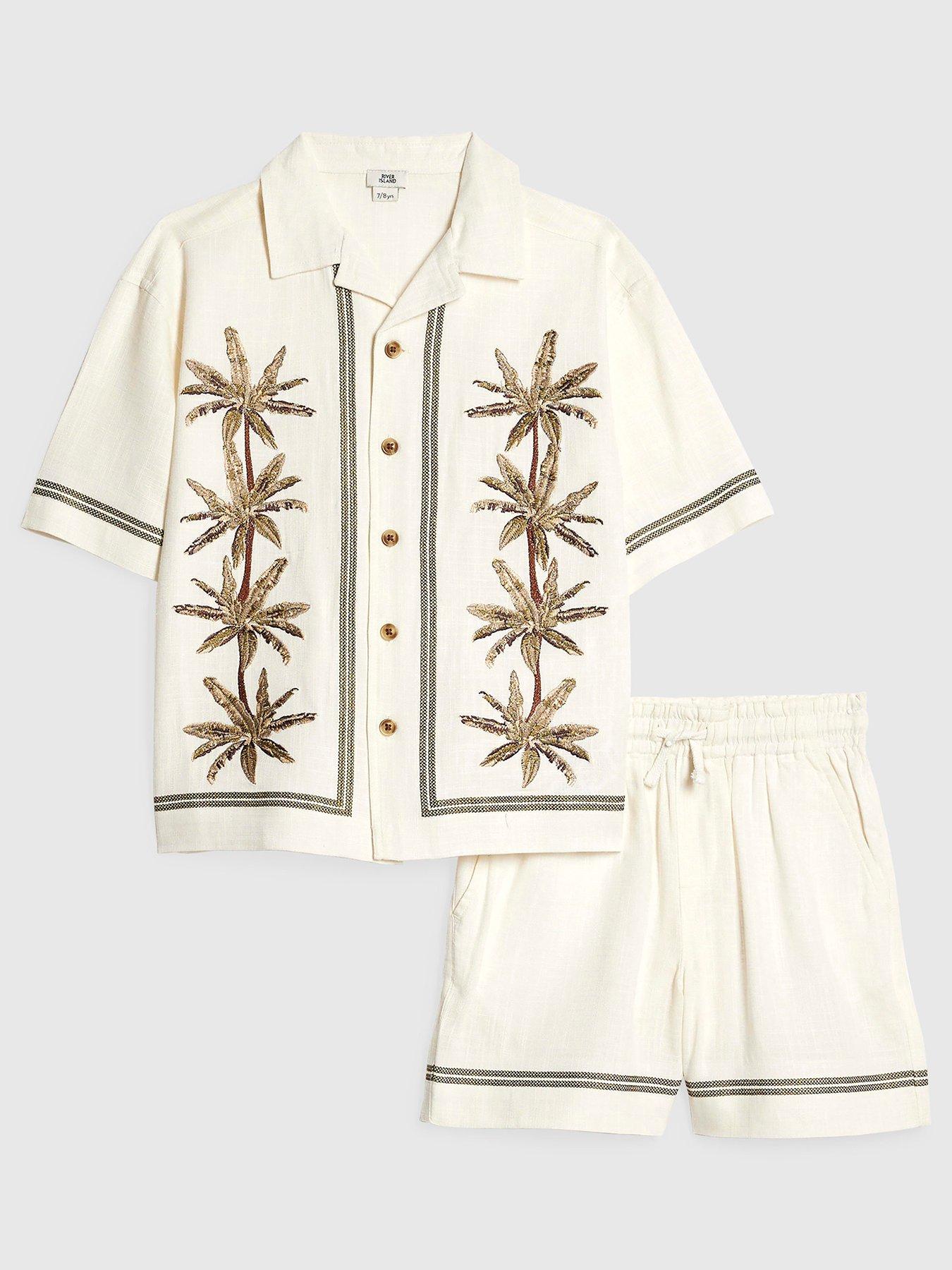 River Island Older Boys Embroidered Palm Shirt Set - Cream