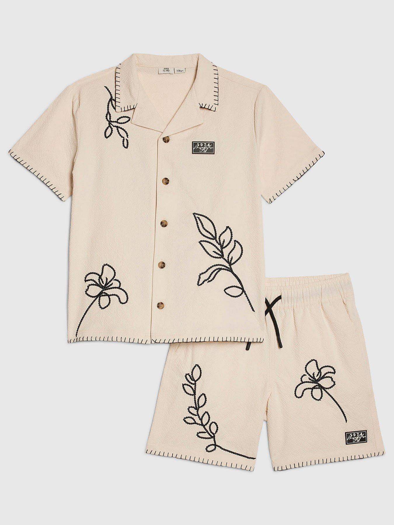 River Island Older Boys Embroidered Back Print Summer Mode Swim Set - Cream - Beige