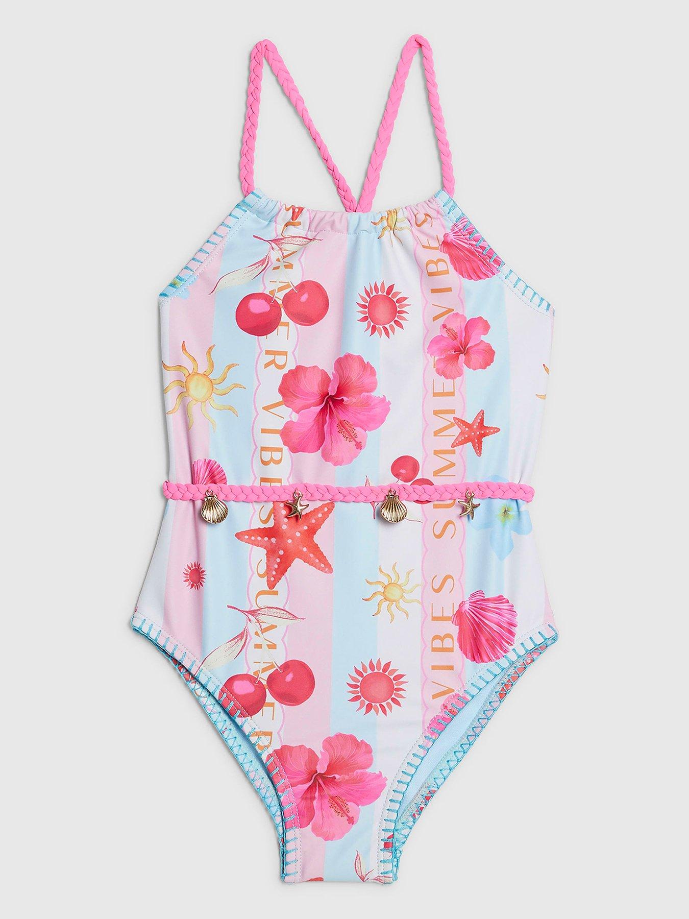 River Island Mini Girls Stripe La Mer Beach Print Swimsuit - Pink/Blue