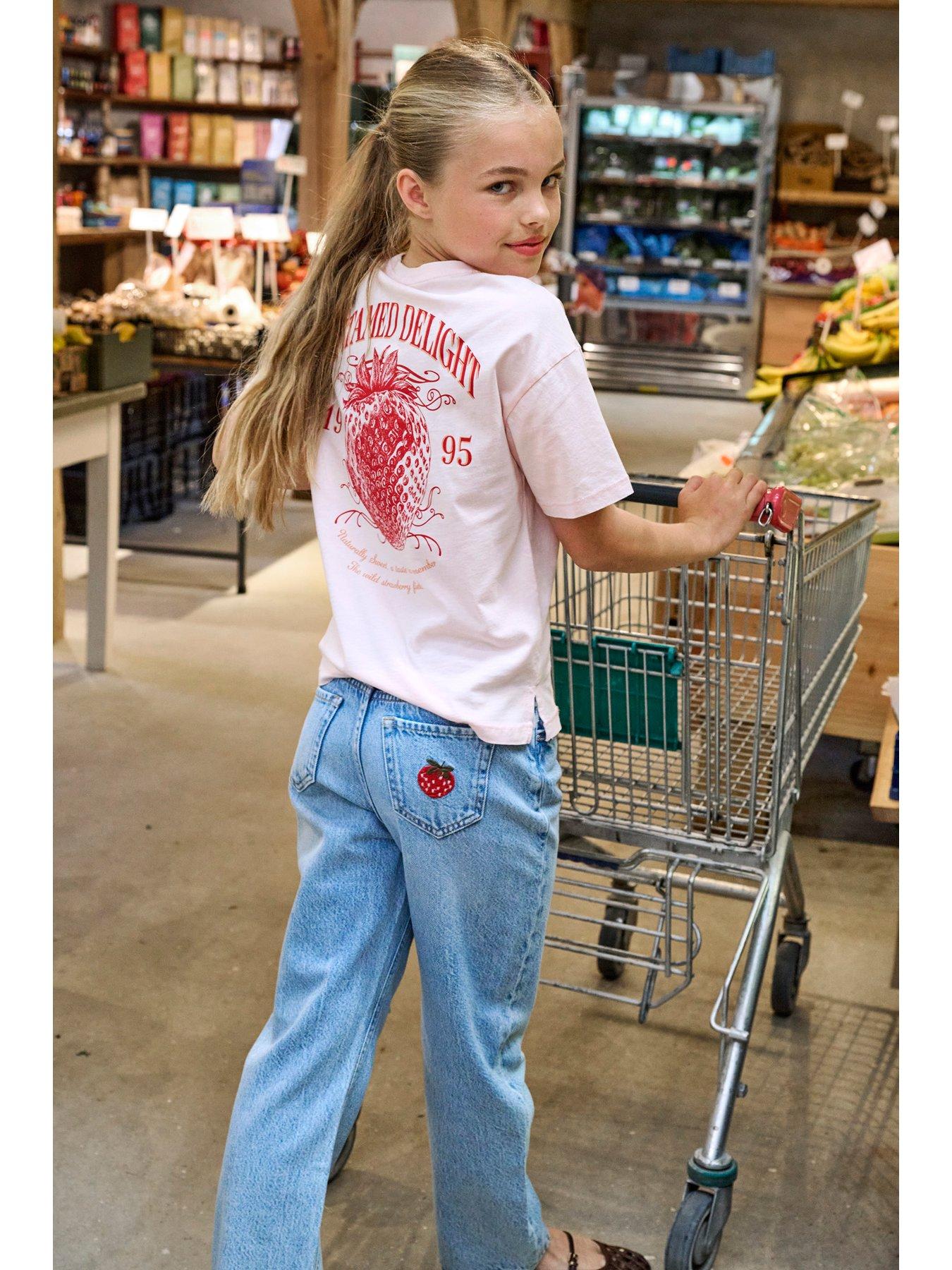 Image 1 of 5 of Only Kids Girls Strawberry Back Print Short Sleeve T-shirt - Light Pink